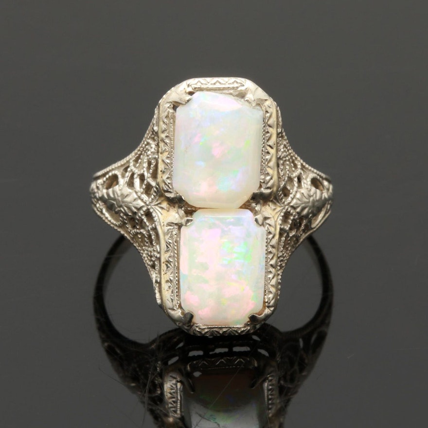 Edwardian 14K White Gold Opal Ring