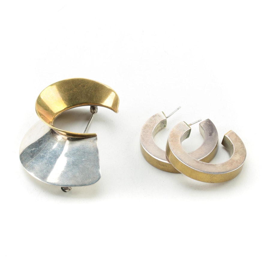 Taxco Modernist Sterling Silver and Brass Brooch and Hoop Earrings