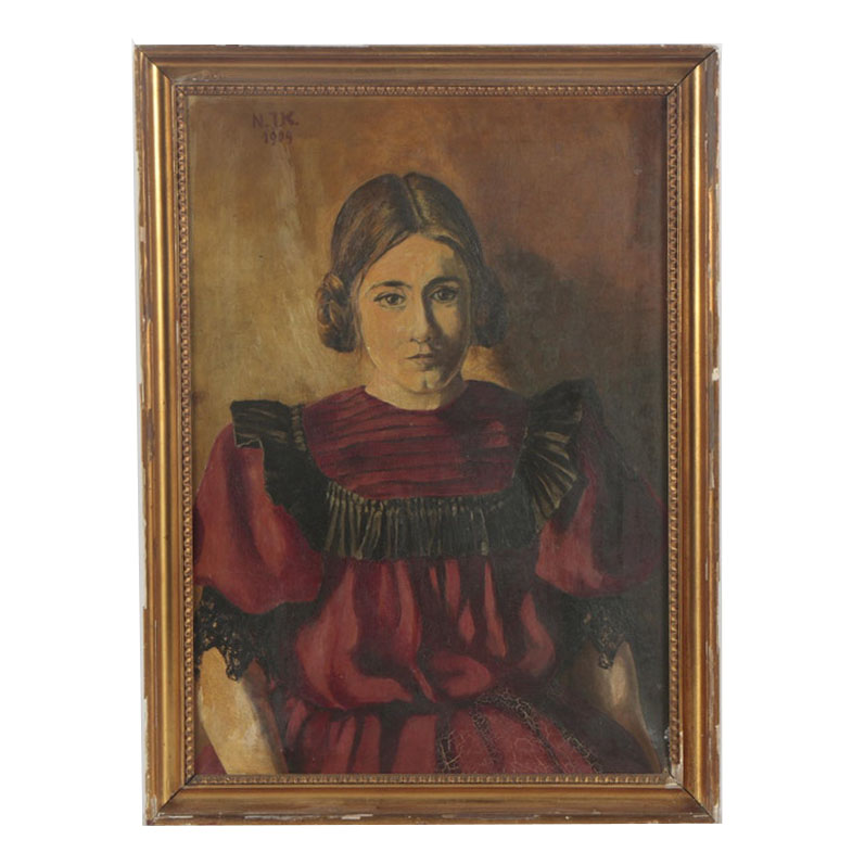 N.J.K. 1909 Oil Painting of Woman in Red and Black Dress
