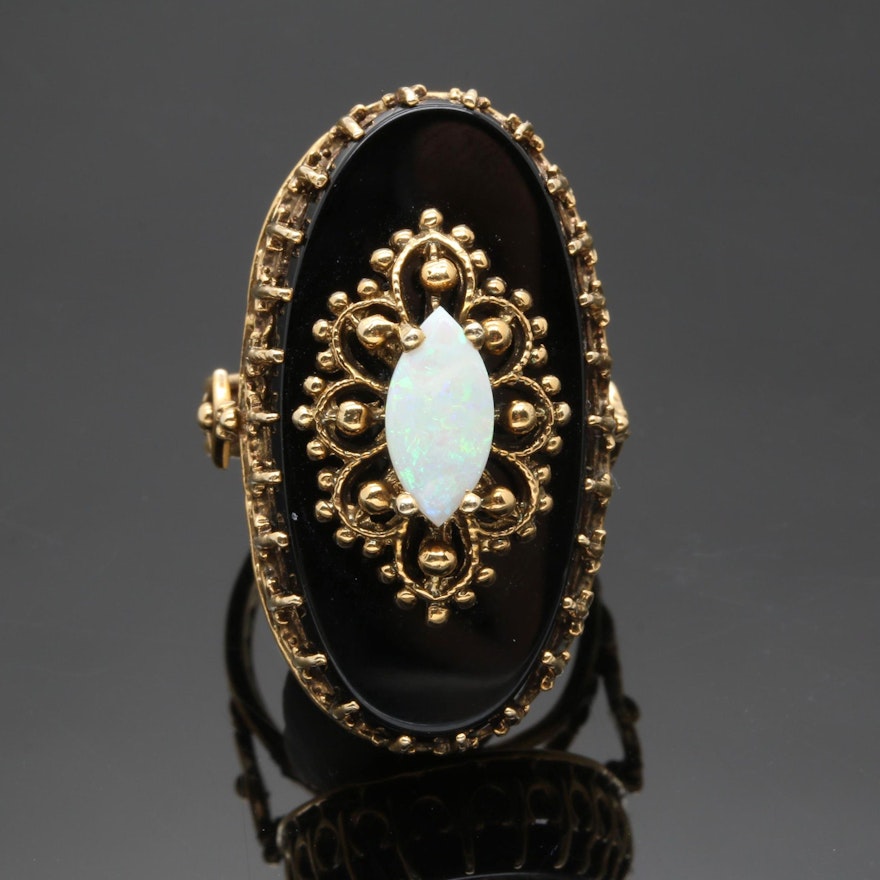 14K Yellow Gold Opal and Black Onyx Ring