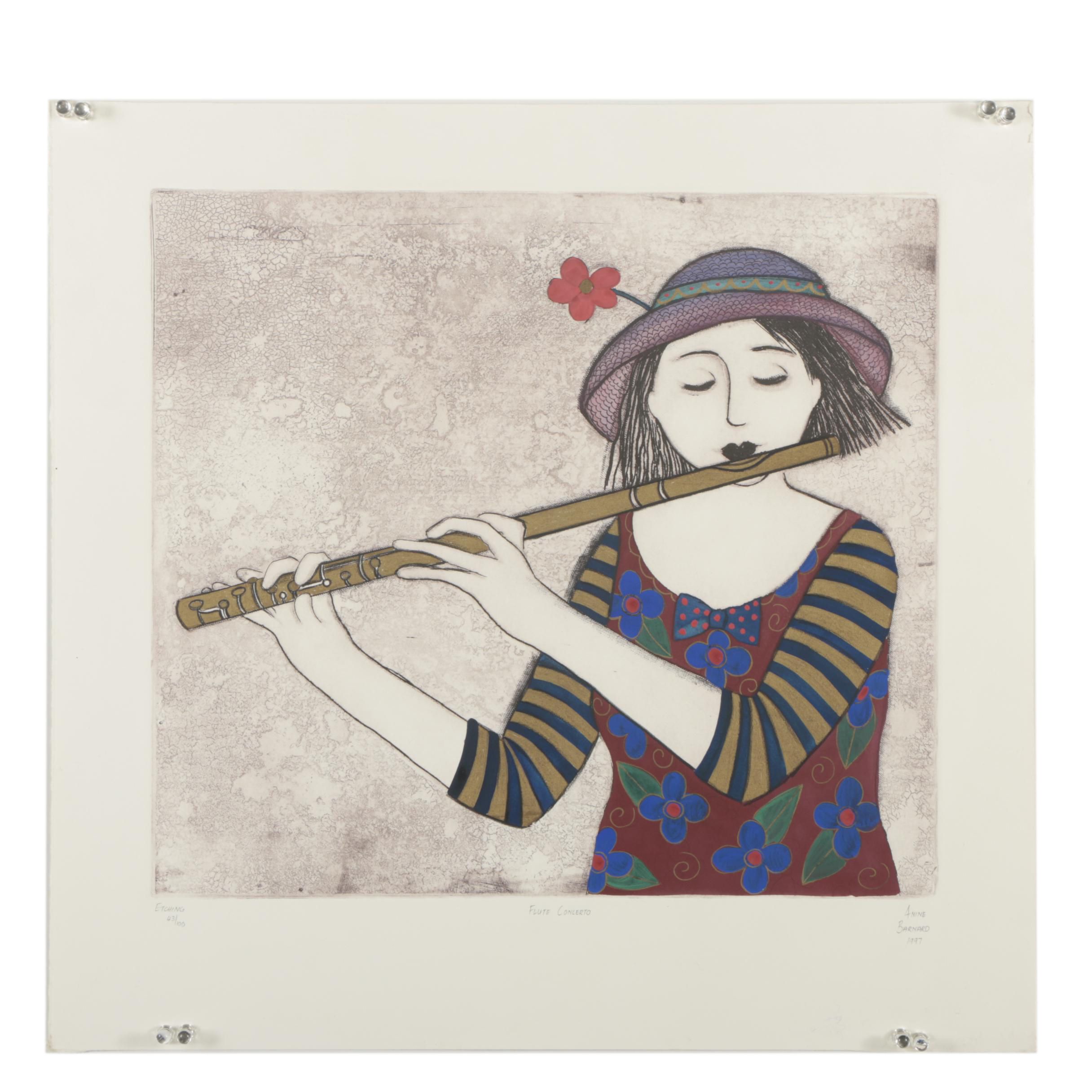 Anine Barnard Hand-Colored Etching "Flute Concerto"