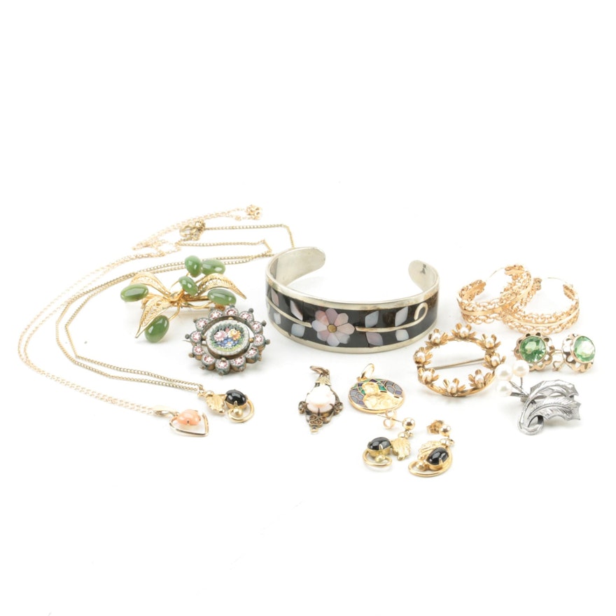 Collection of Costume Jewelry Including a Sterling Brooch and 14K Gold Findings