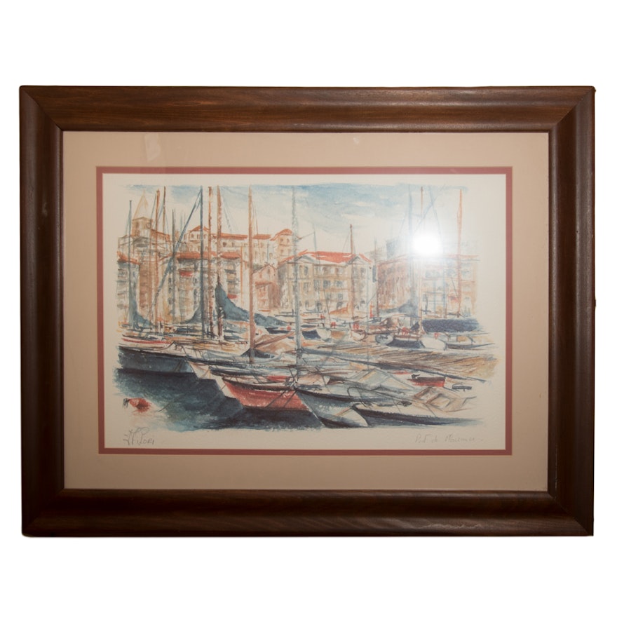 Signed Offset Lithograph after Watercolor of Harbor Scene