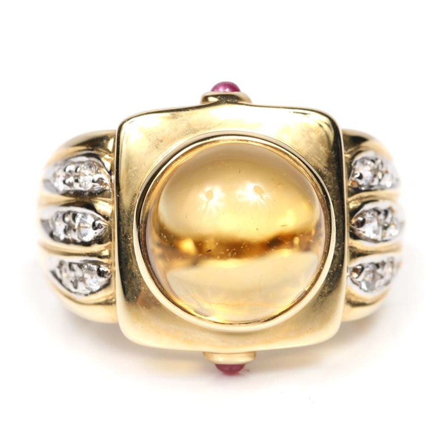 14K Yellow Gold Citrine, Topaz and Ruby Ring