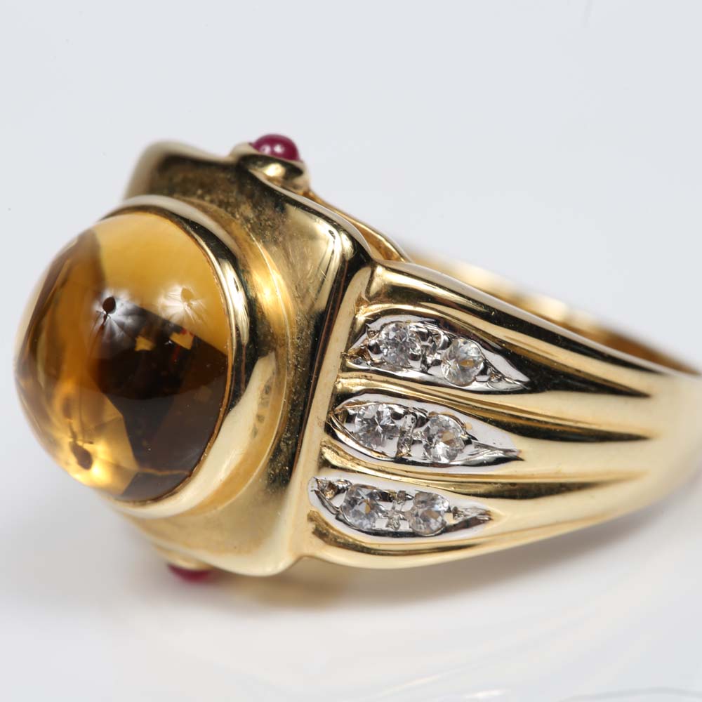 14K Yellow Gold Citrine, Topaz and Ruby Ring