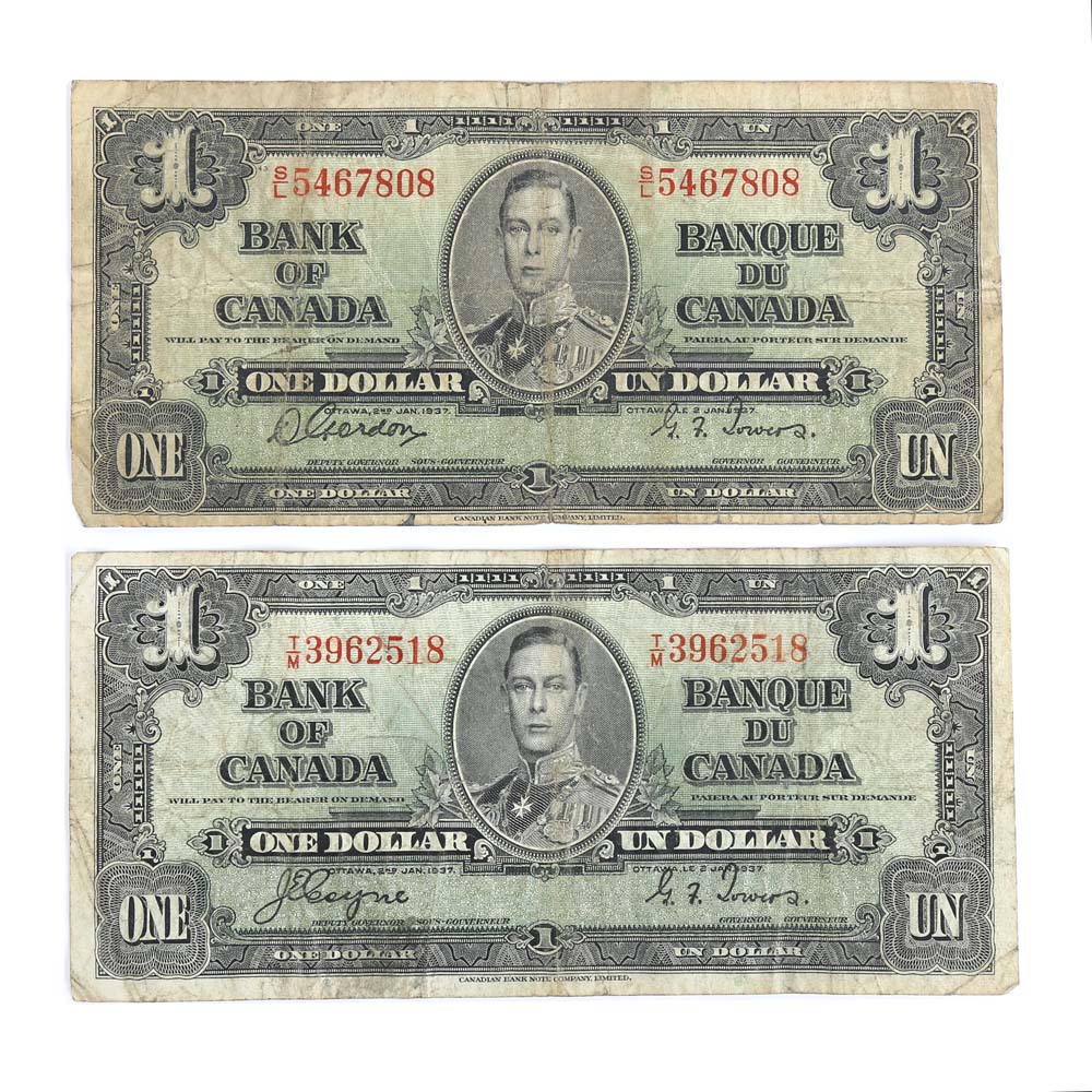 1937 Canadian One Dollar Bills
