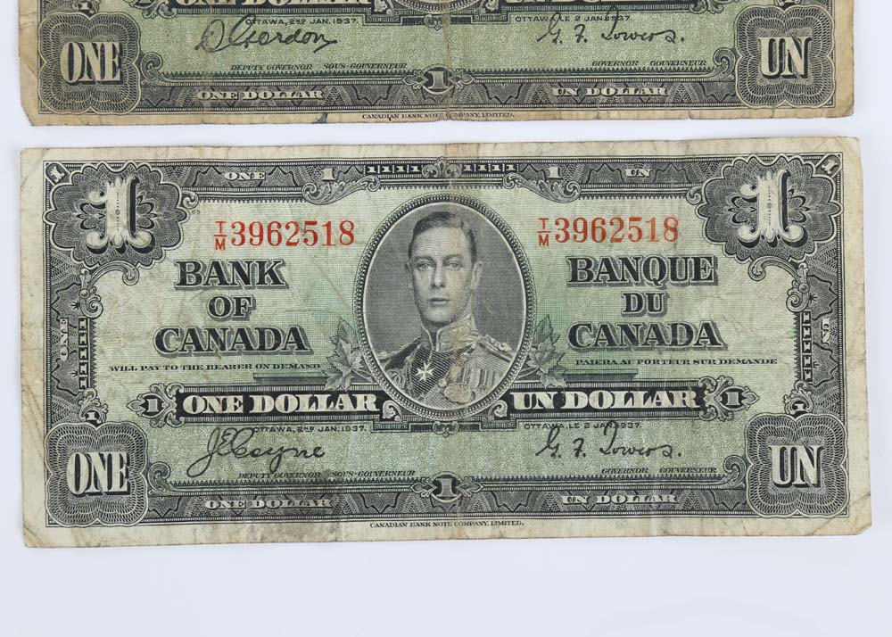 1937 Canadian One Dollar Bills