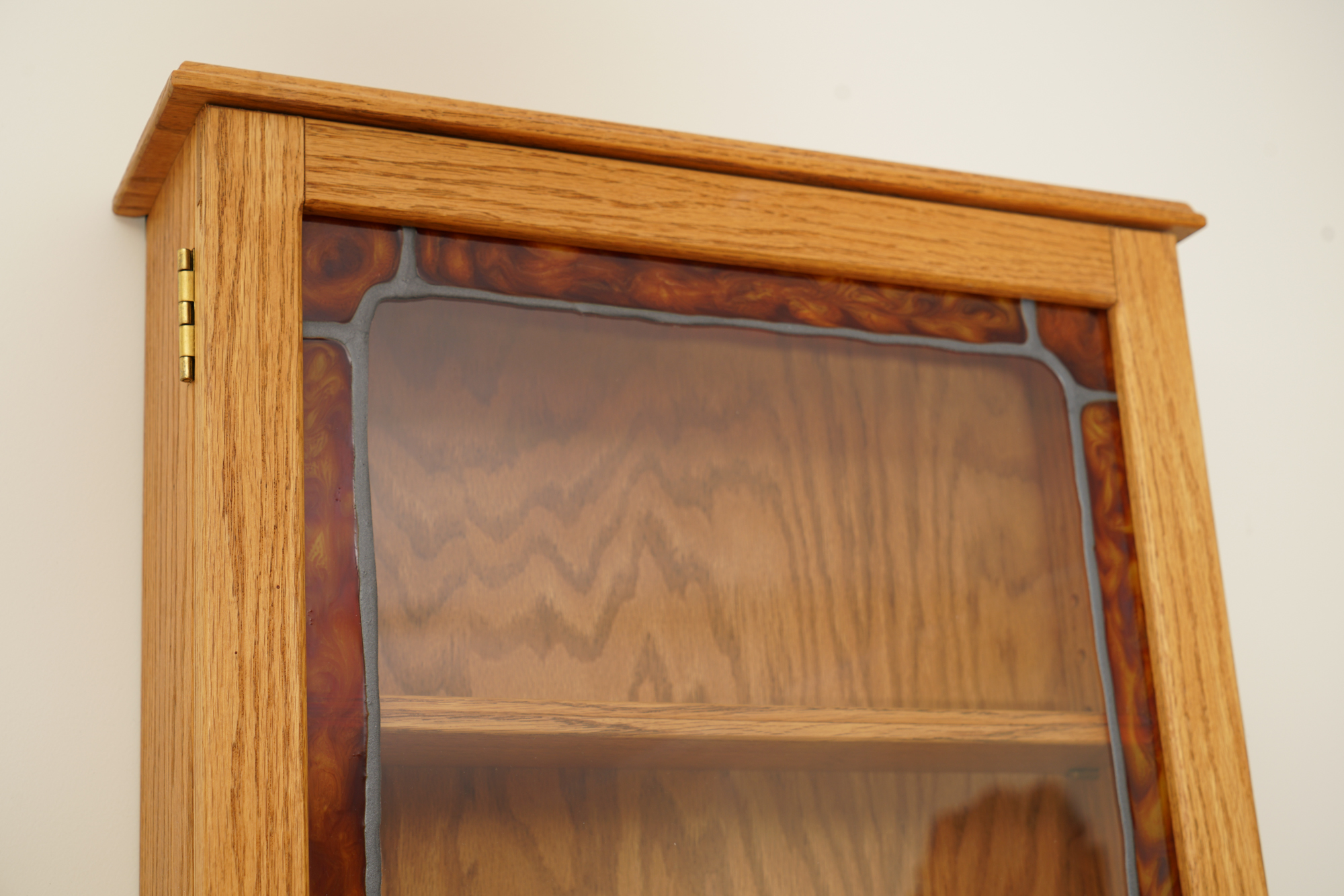 Oak Wall Display Case with Stained Glass Door