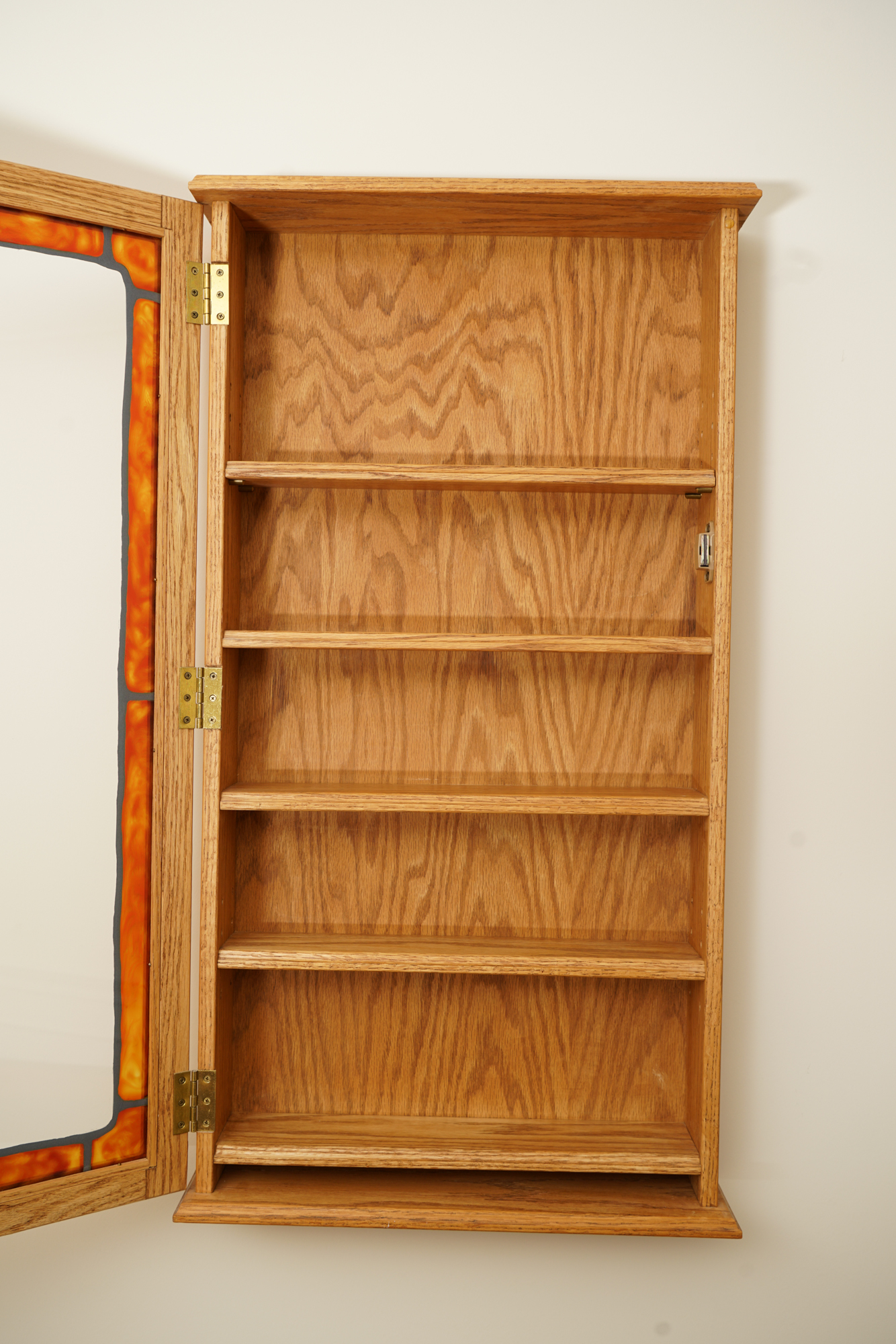 Oak Wall Display Case with Stained Glass Door
