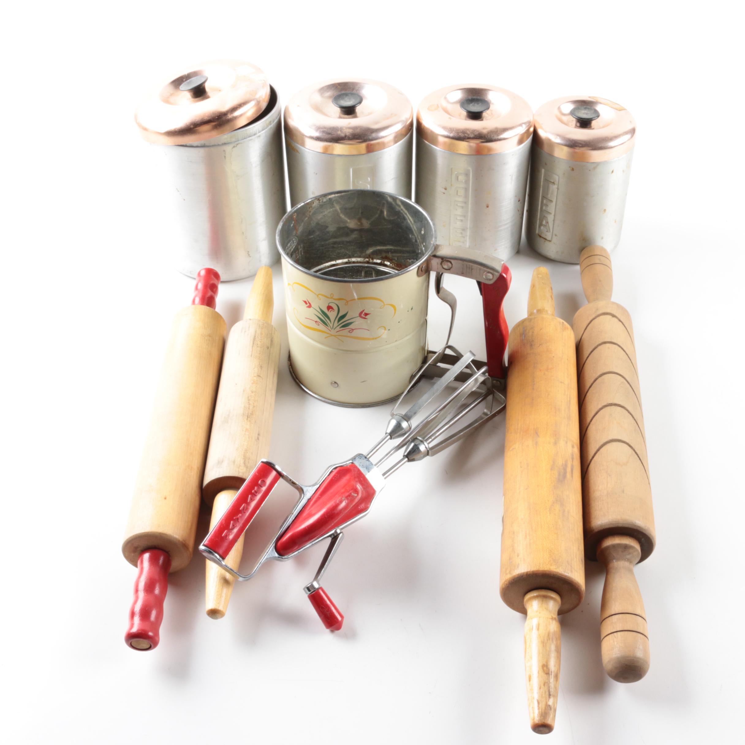 Vintage Rolling Pins, Flour Sifter, Canisters, and Hand Mixer