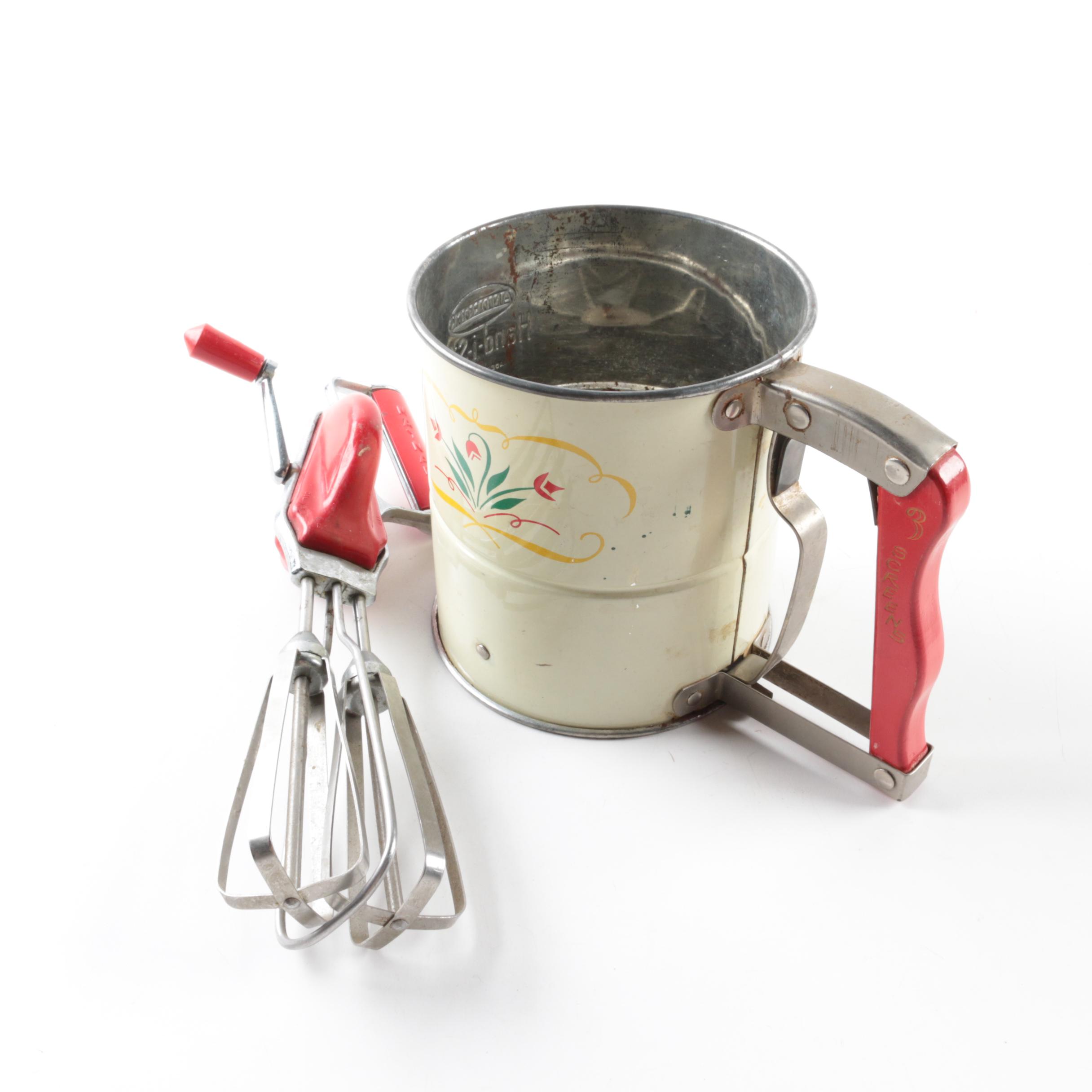 Vintage Rolling Pins, Flour Sifter, Canisters, and Hand Mixer