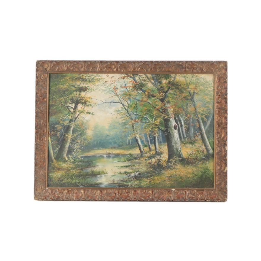 20th Century Gouache Painting of Wooded Landscape