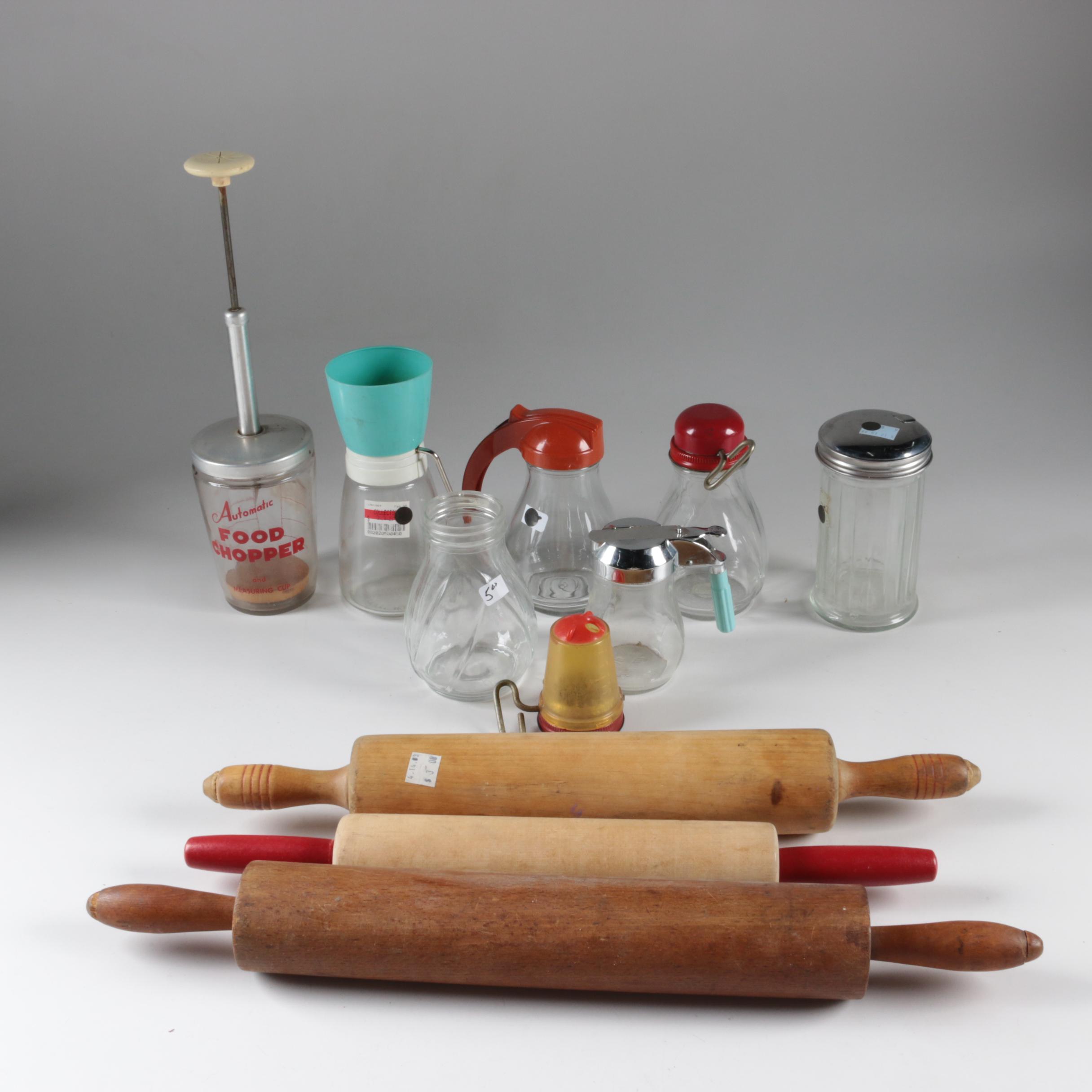 Vintage Wooden Rolling Pins, Glass Syrup Decanters and Cooking Accessories