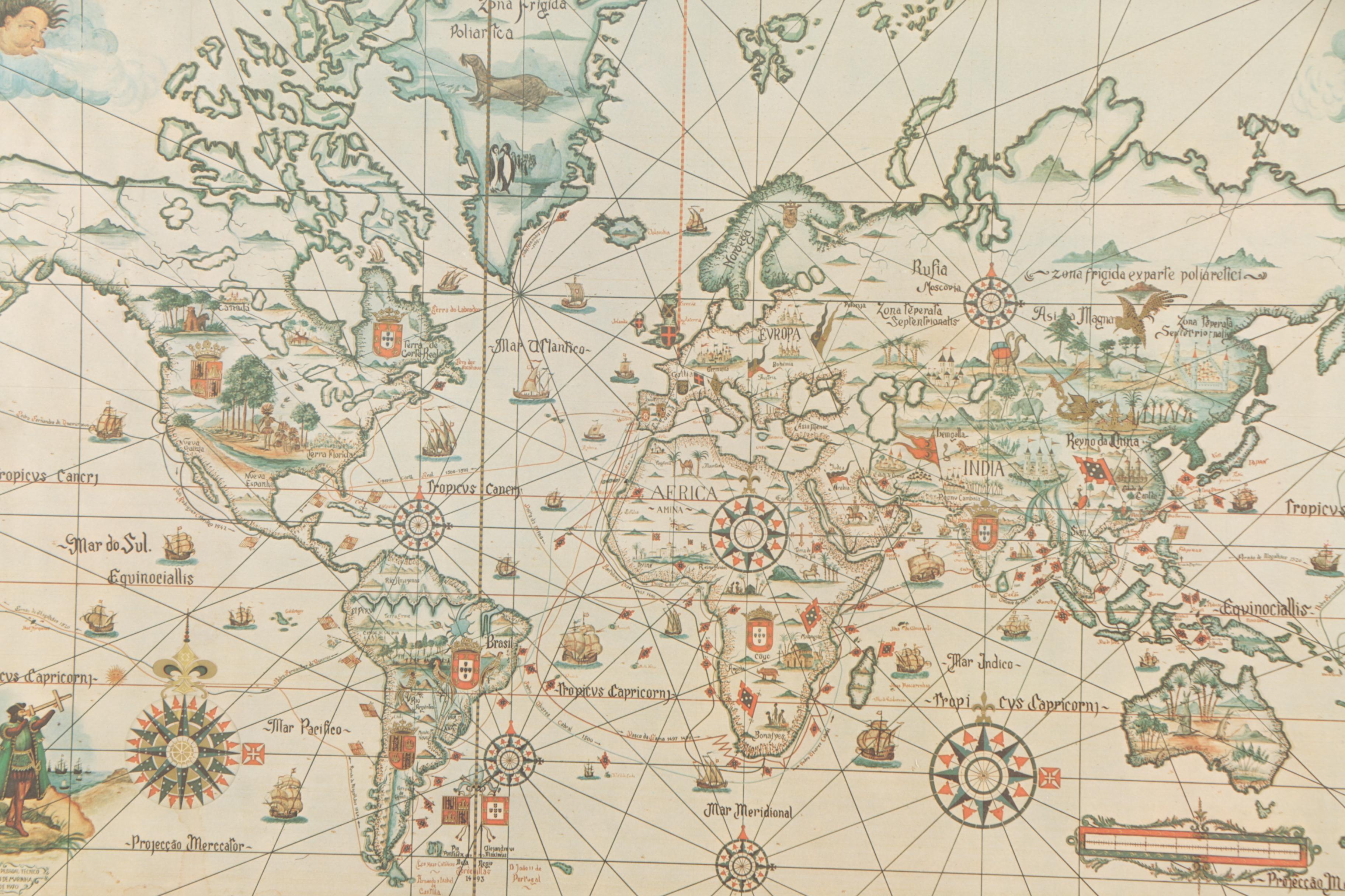 Vintage Offset Lithograph of a Portuguese Language Nautical Map