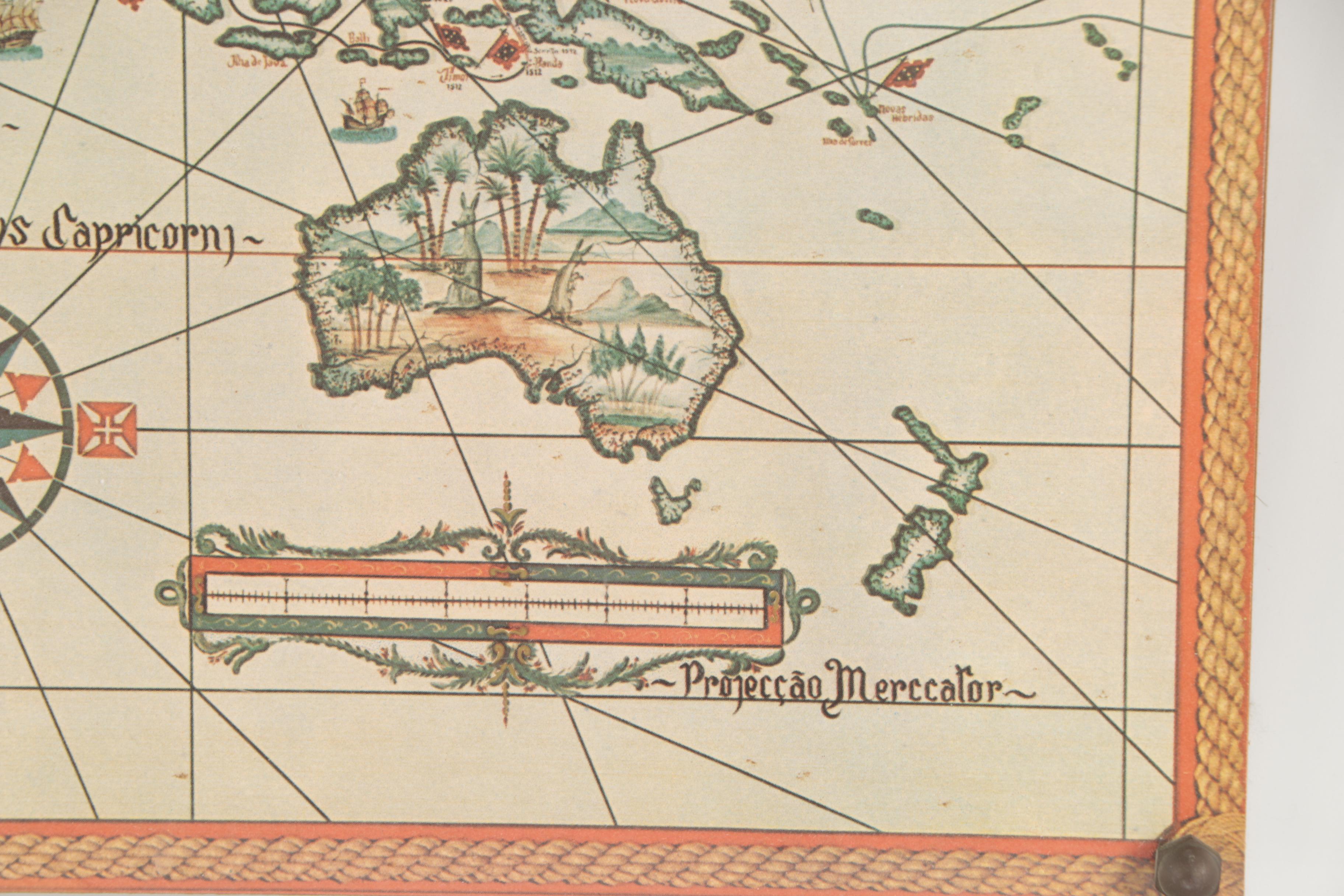 Vintage Offset Lithograph of a Portuguese Language Nautical Map