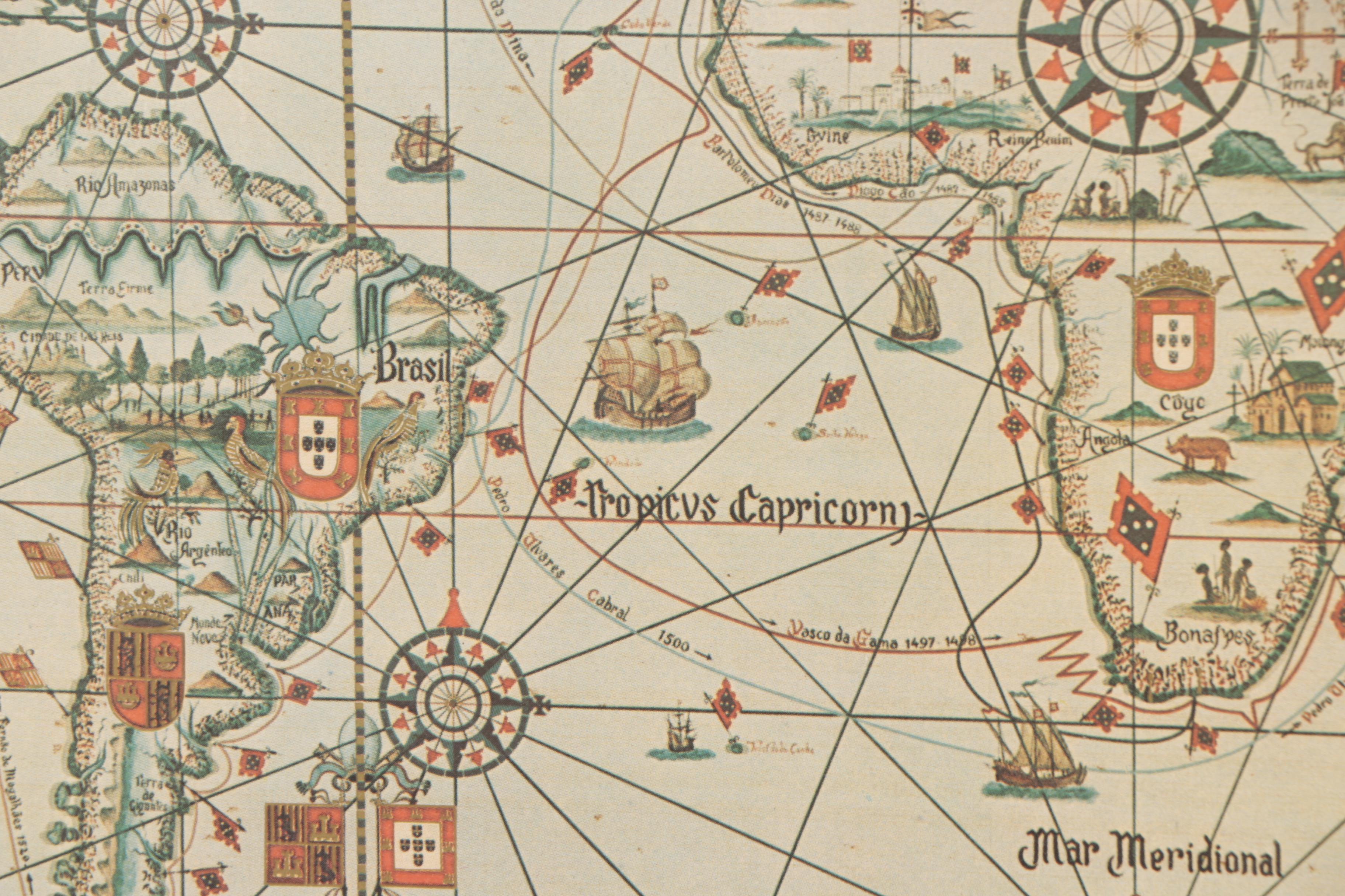 Vintage Offset Lithograph of a Portuguese Language Nautical Map