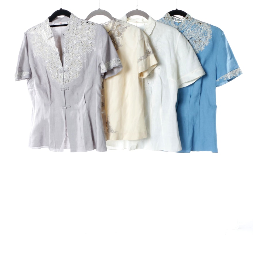 Women's Vintage Lace Embellished Short Sleeve Blouses