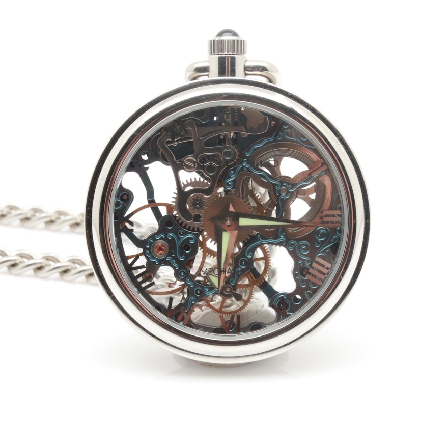 Android Mechanical Silver Tone Skeleton Pocket Watch