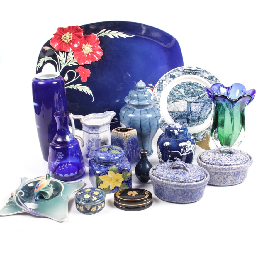Assorted Blue Toned Ceramic and Glass Home Accesories