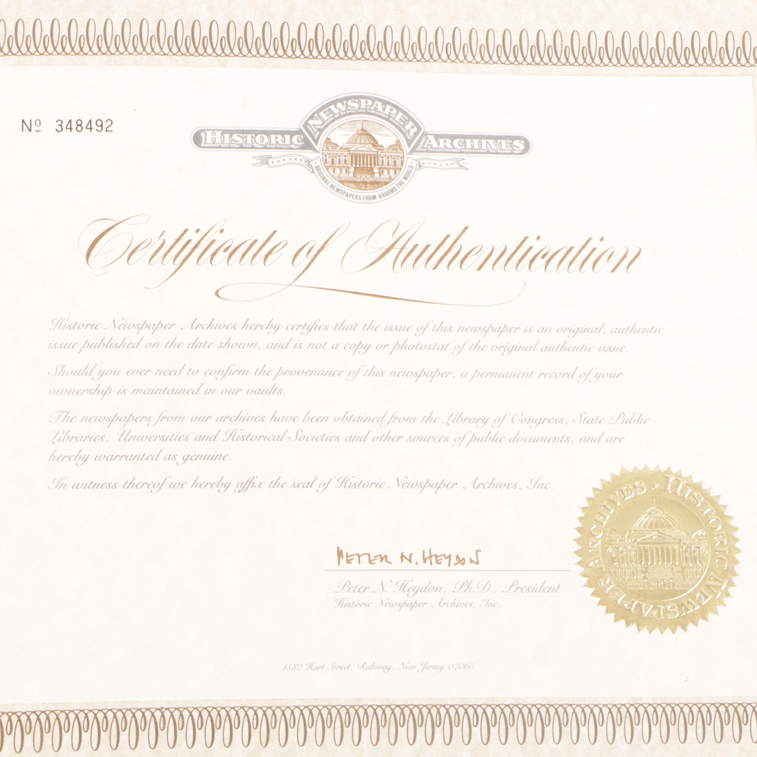 Bound 1923 "San Francisco Chronicle" Newspaper with CoA