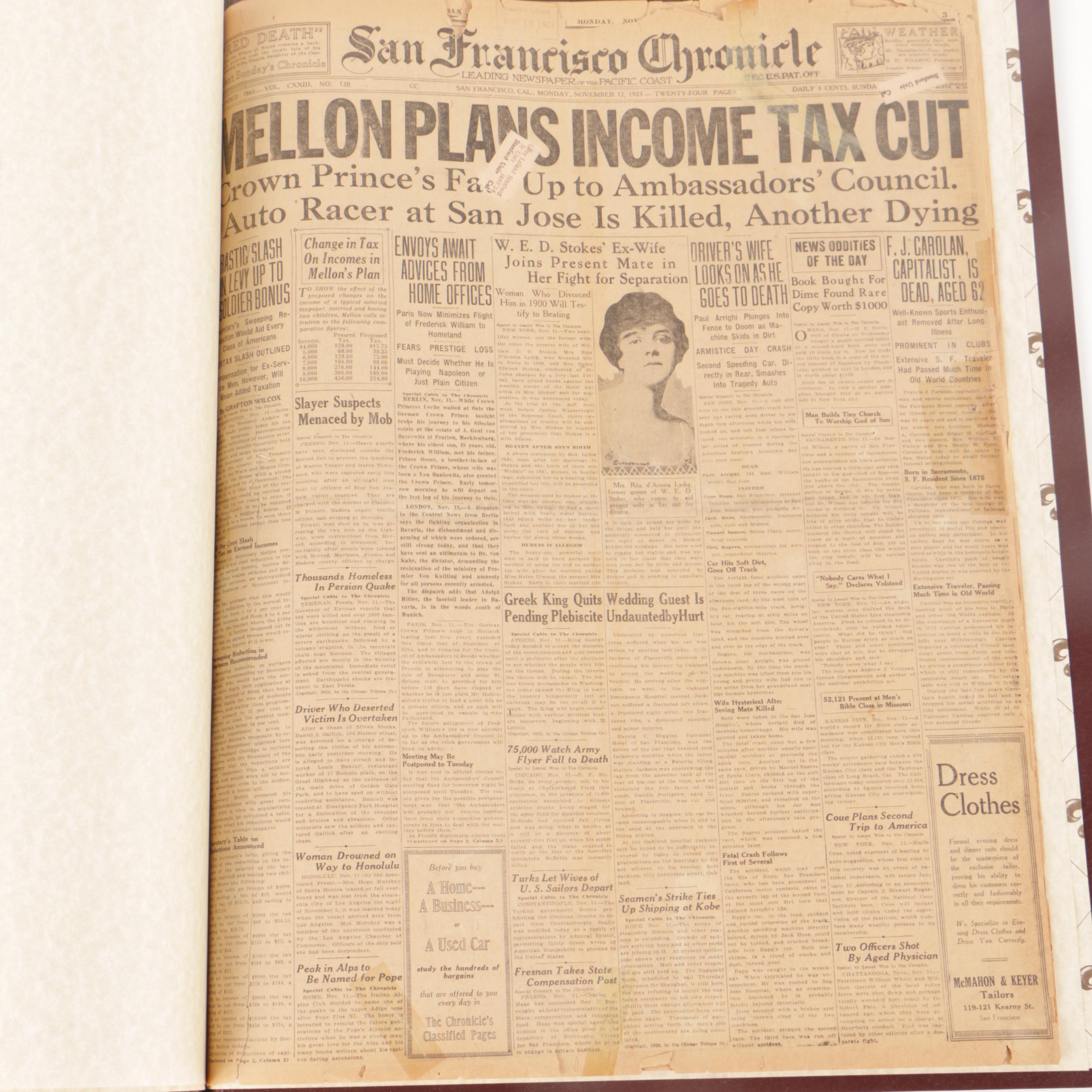 Bound 1923 "San Francisco Chronicle" Newspaper with CoA