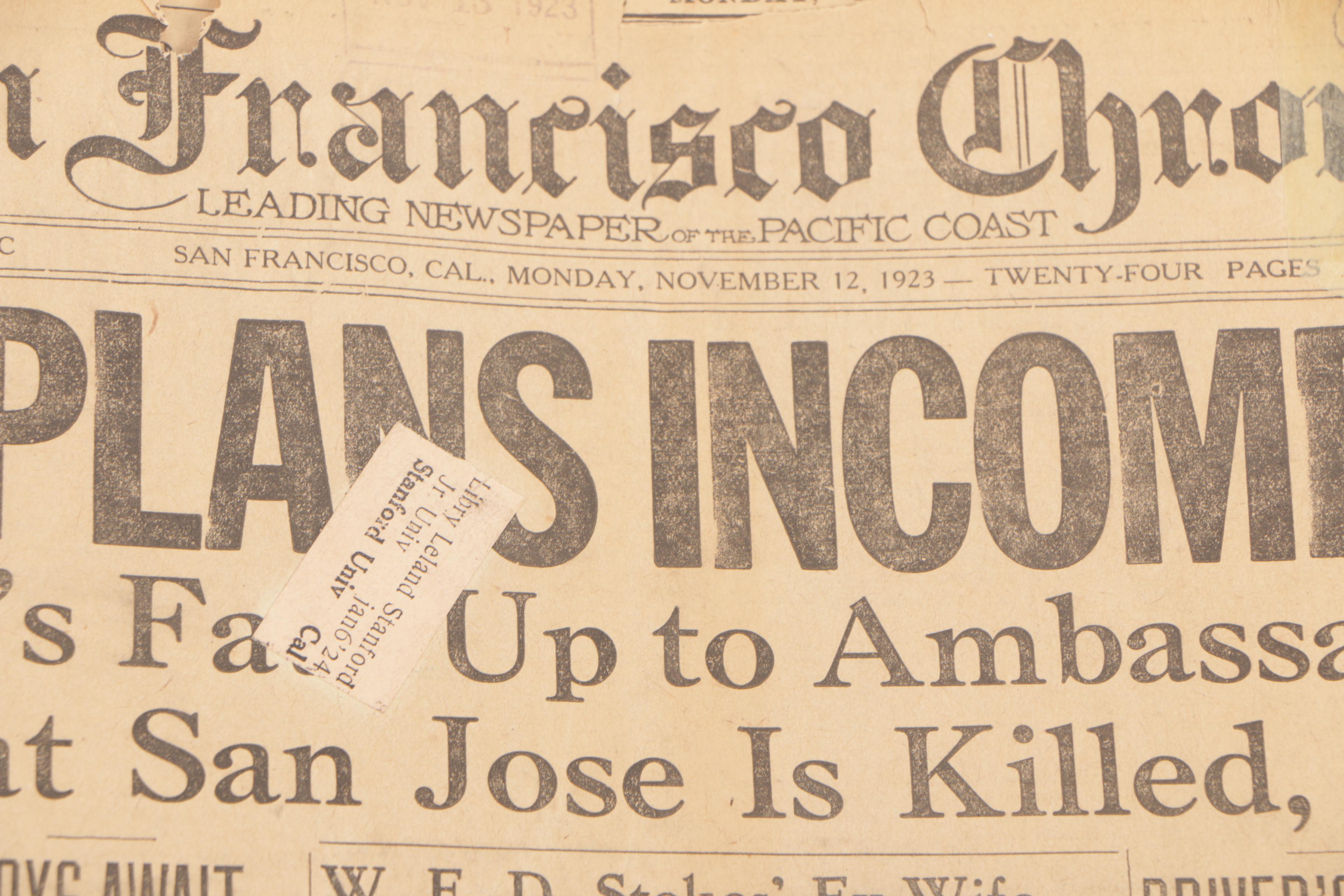 Bound 1923 "San Francisco Chronicle" Newspaper with CoA