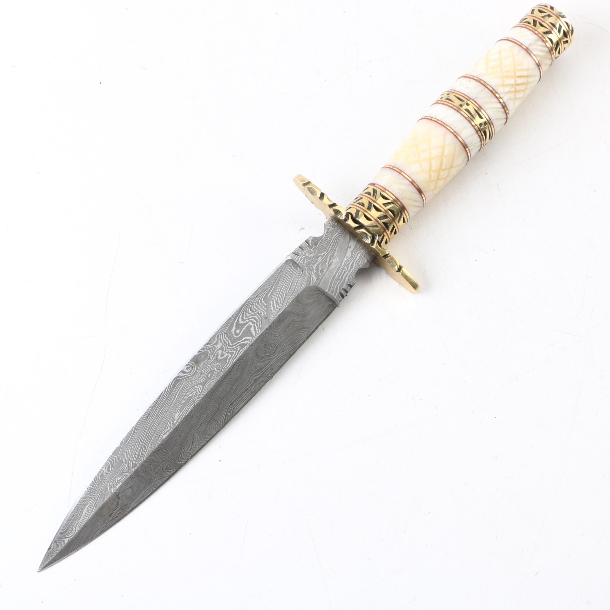 Fixed Blade Stiletto Knife with Bone Grip, Damascus Pattern, and Leather Sheath