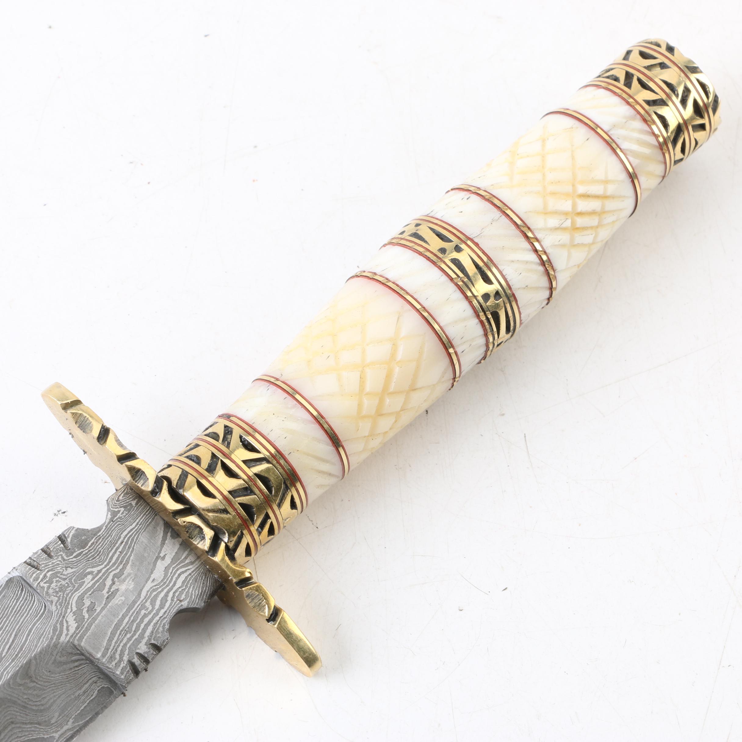 Fixed Blade Stiletto Knife with Bone Grip, Damascus Pattern, and Leather Sheath
