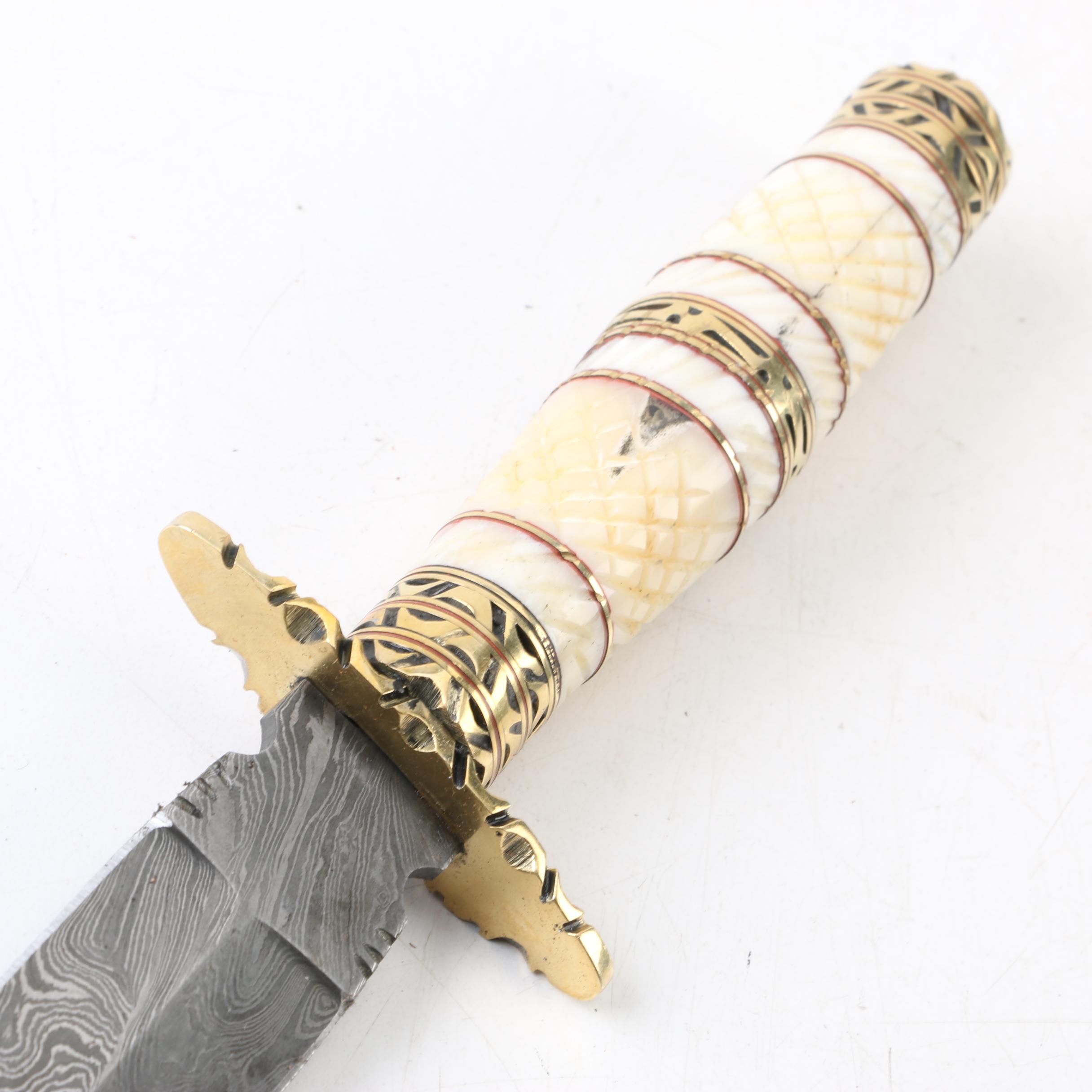 Fixed Blade Stiletto Knife with Bone Grip, Damascus Pattern, and Leather Sheath