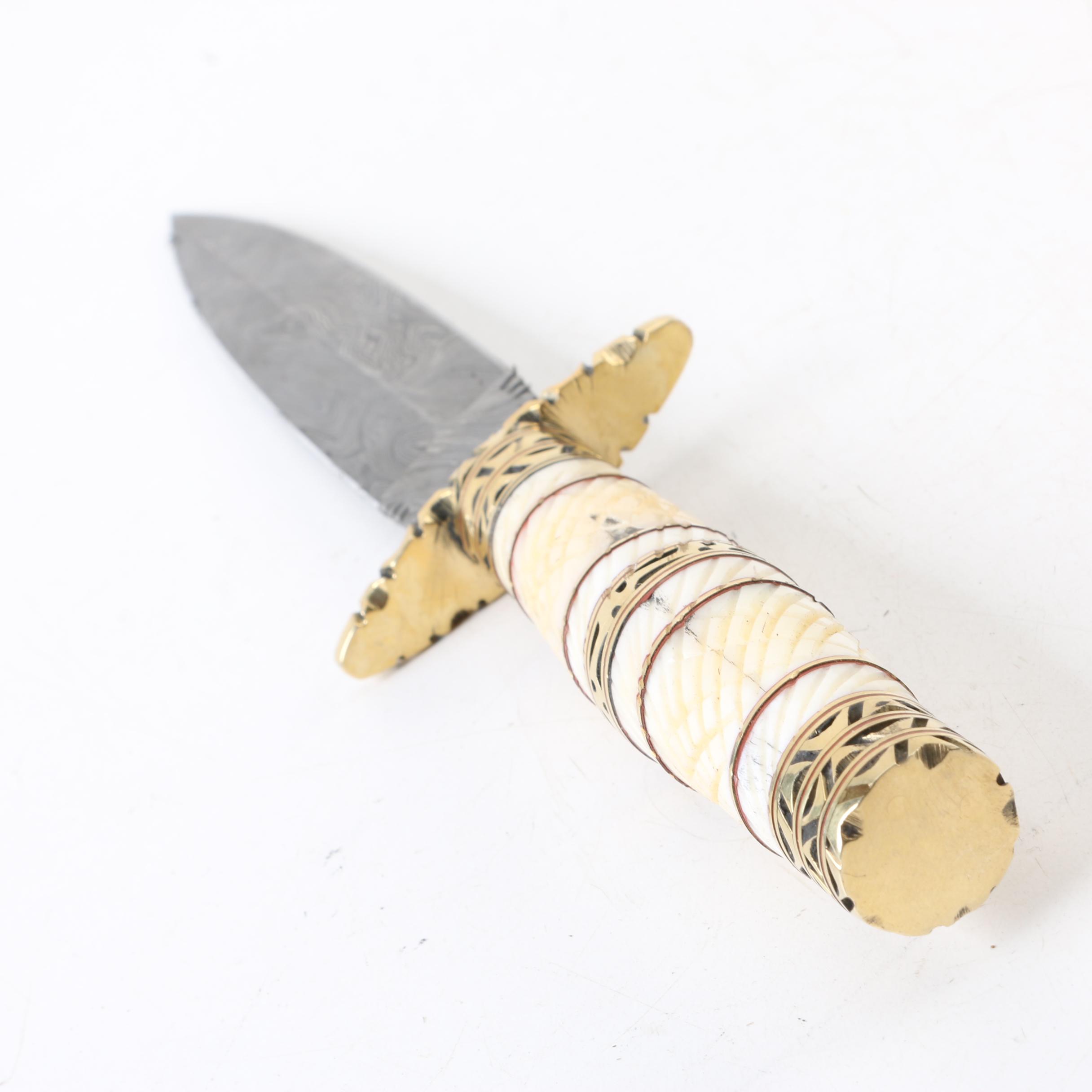Fixed Blade Stiletto Knife with Bone Grip, Damascus Pattern, and Leather Sheath