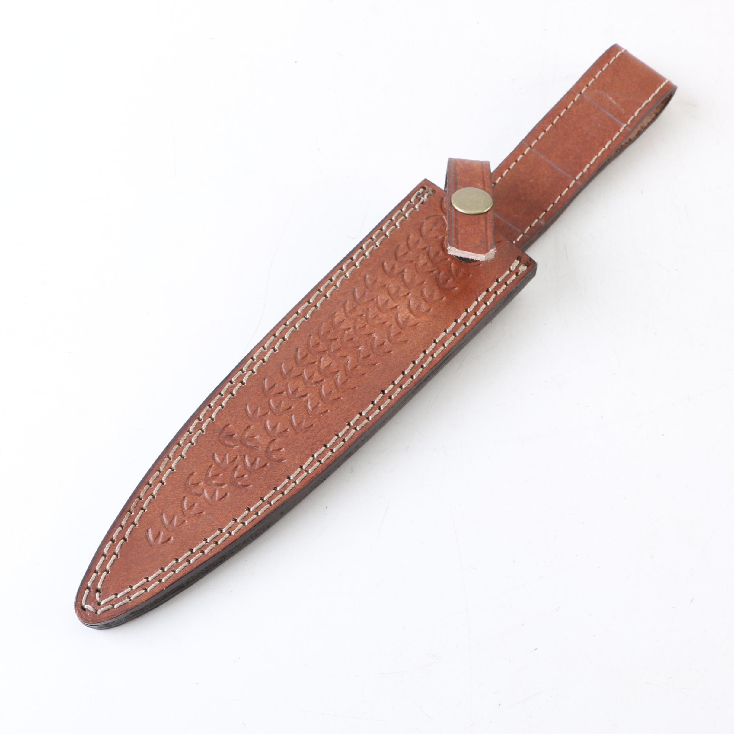 Fixed Blade Stiletto Knife with Bone Grip, Damascus Pattern, and Leather Sheath