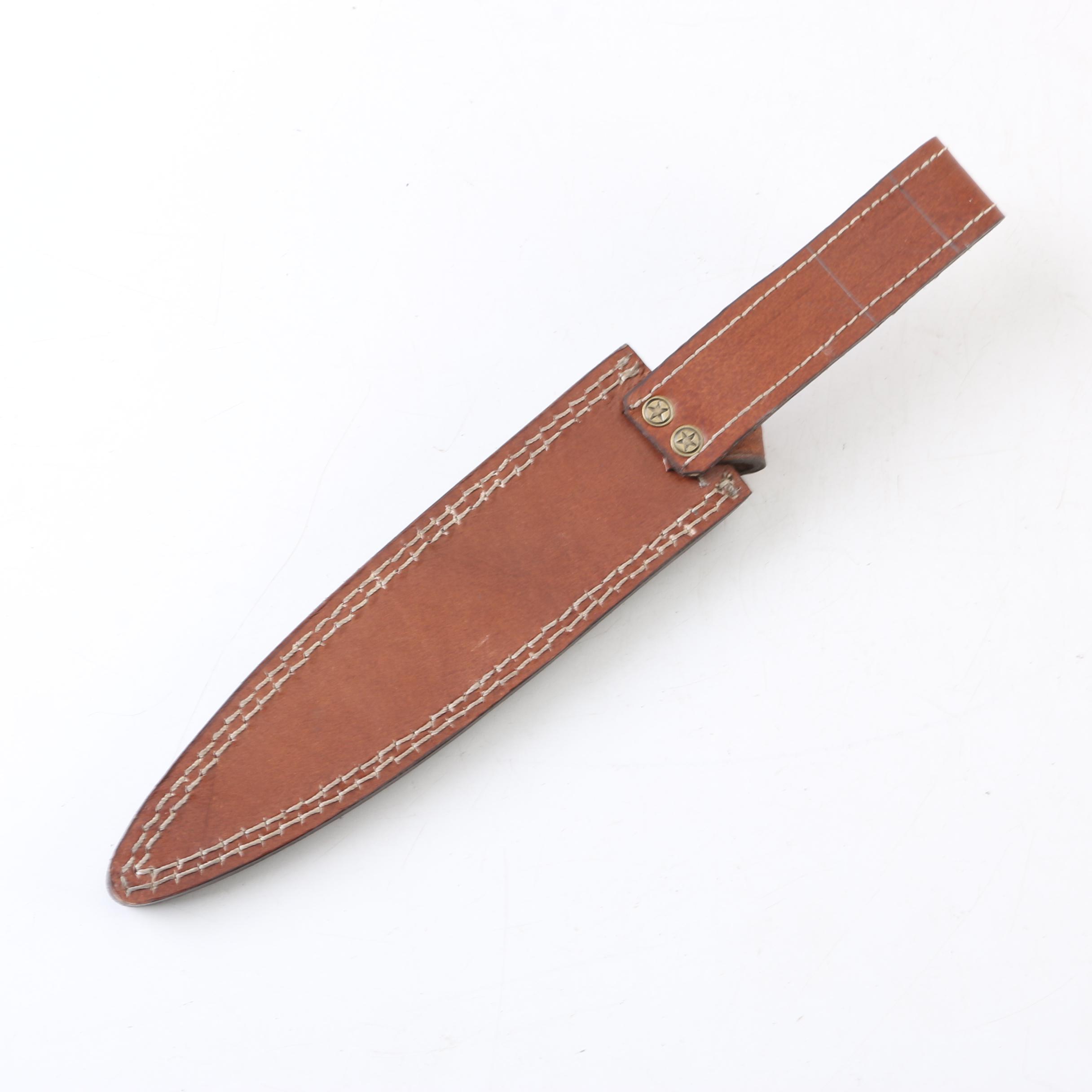 Fixed Blade Stiletto Knife with Bone Grip, Damascus Pattern, and Leather Sheath