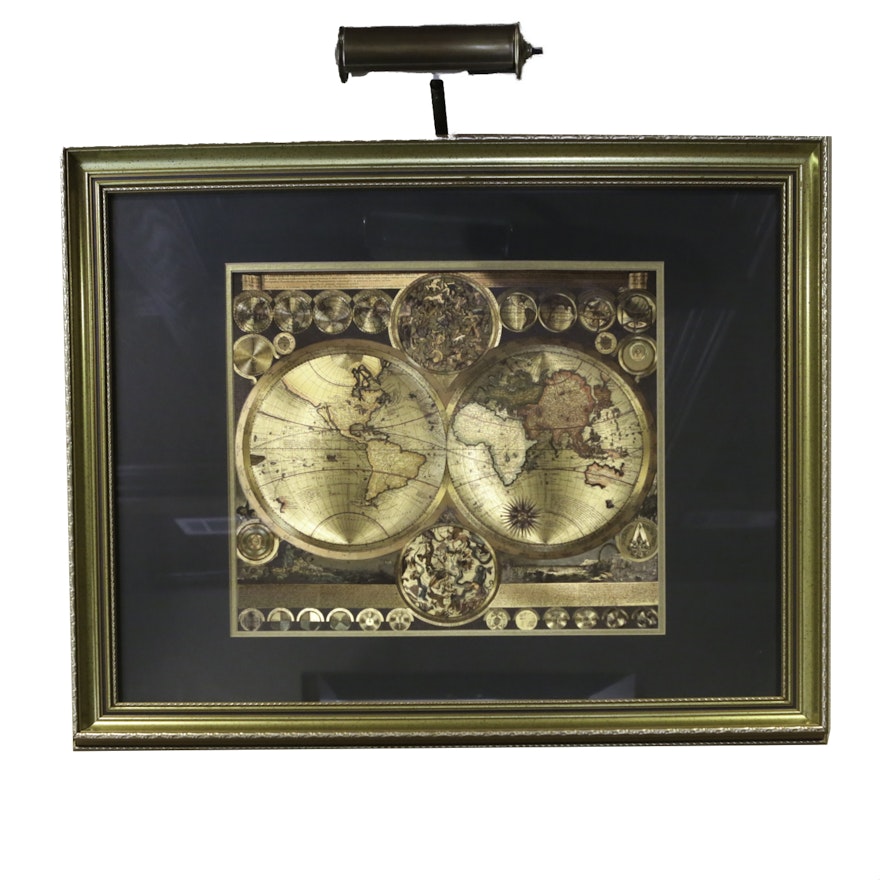 Gold Foil World Map with Gallery Light