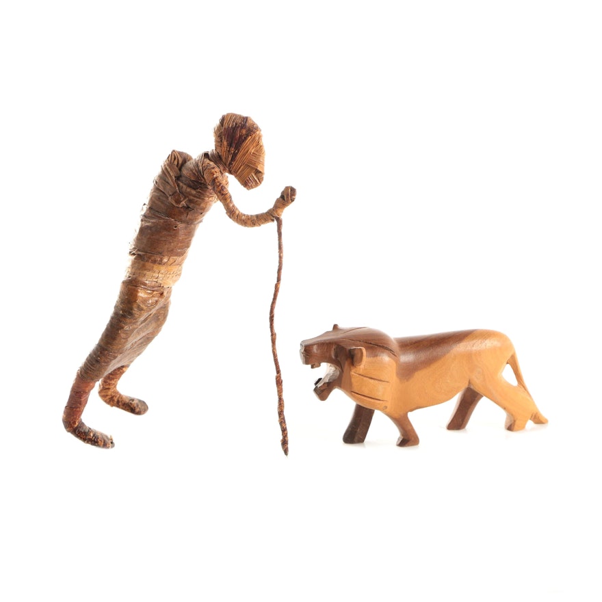Kenyan Figural Sculpture with Carved Wood Lion