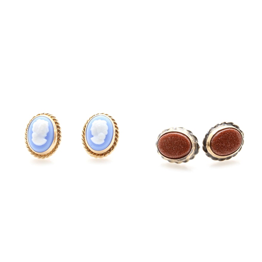 14K Yellow Gold Resin and Goldstone Glass Stud Earrings