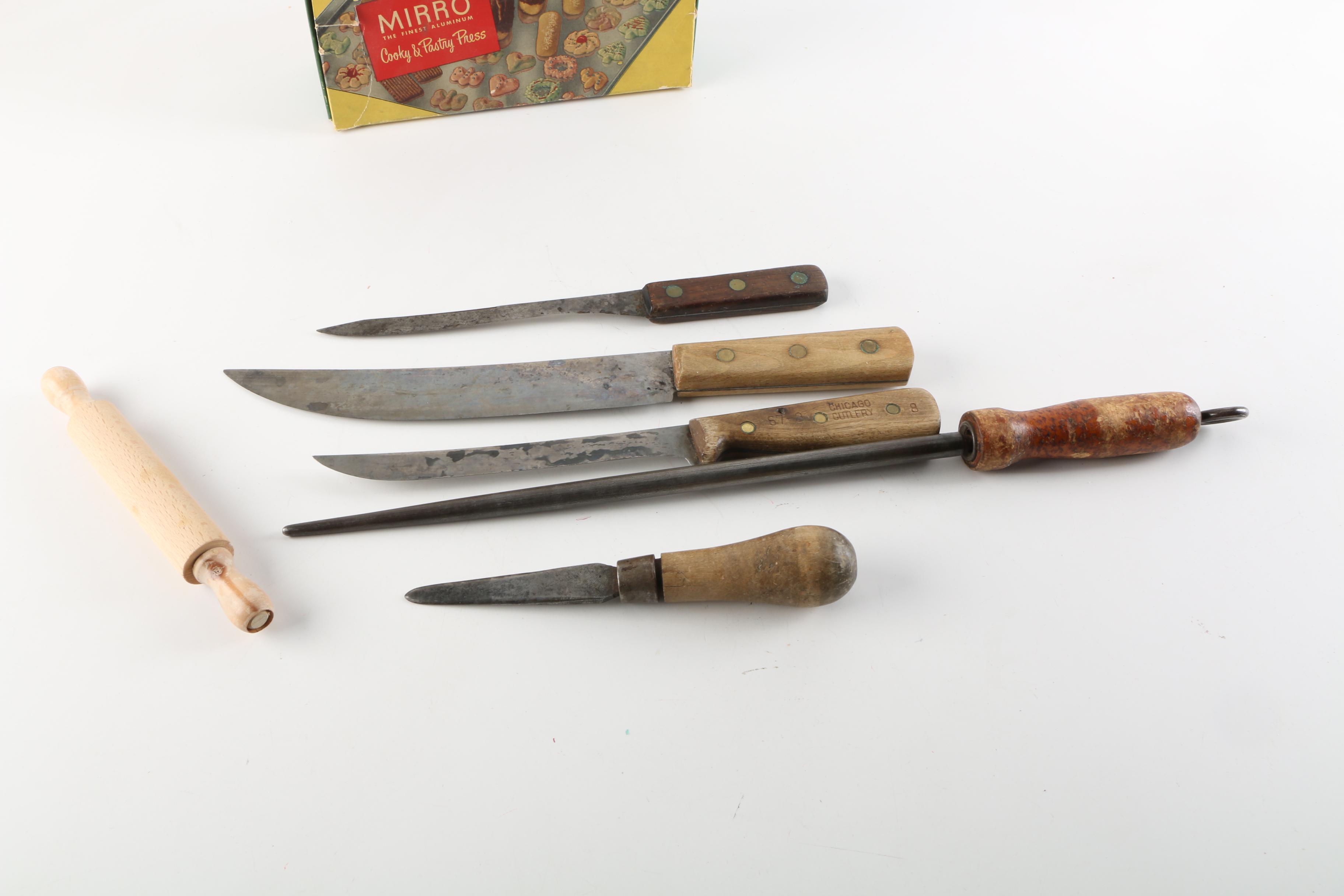 Vintage Kitchen Gadgets Including Mirro Aluminum Pastry Press