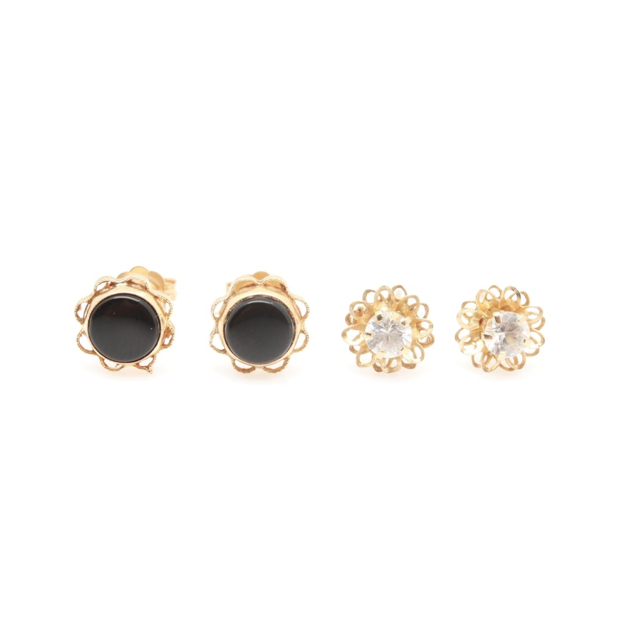 10K and 14K Yellow Gold Black Onyx and White Zircon Stud Earrings