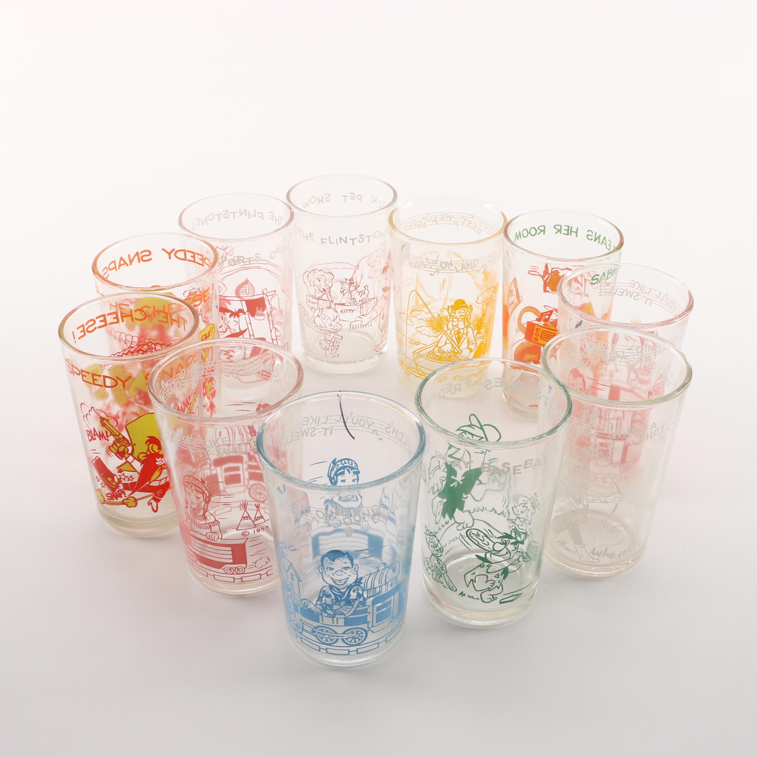 Vintage Cartoon Juice Glasses Including Archie Comics and Warner Brothers