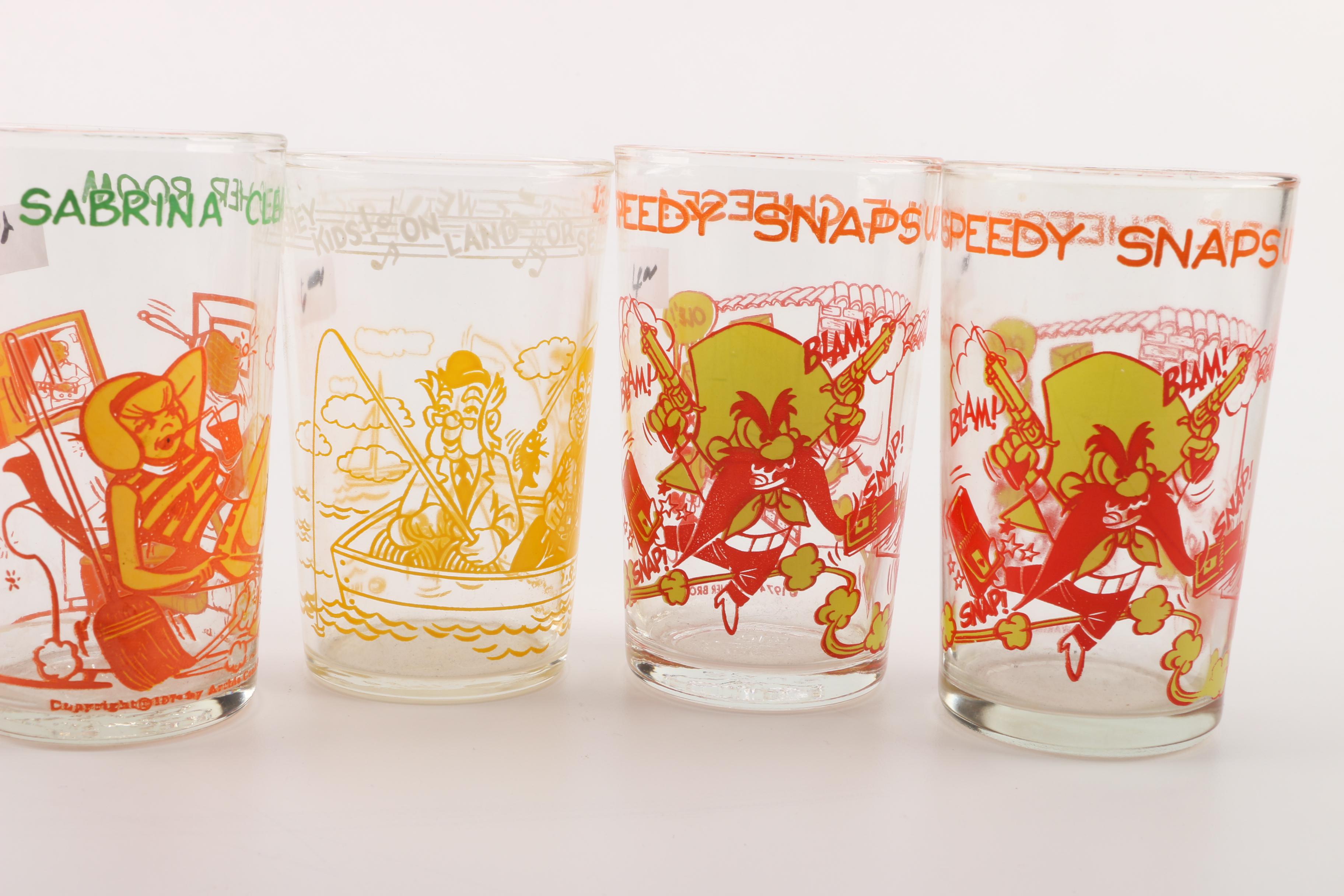 Vintage Cartoon Juice Glasses Including Archie Comics and Warner Brothers