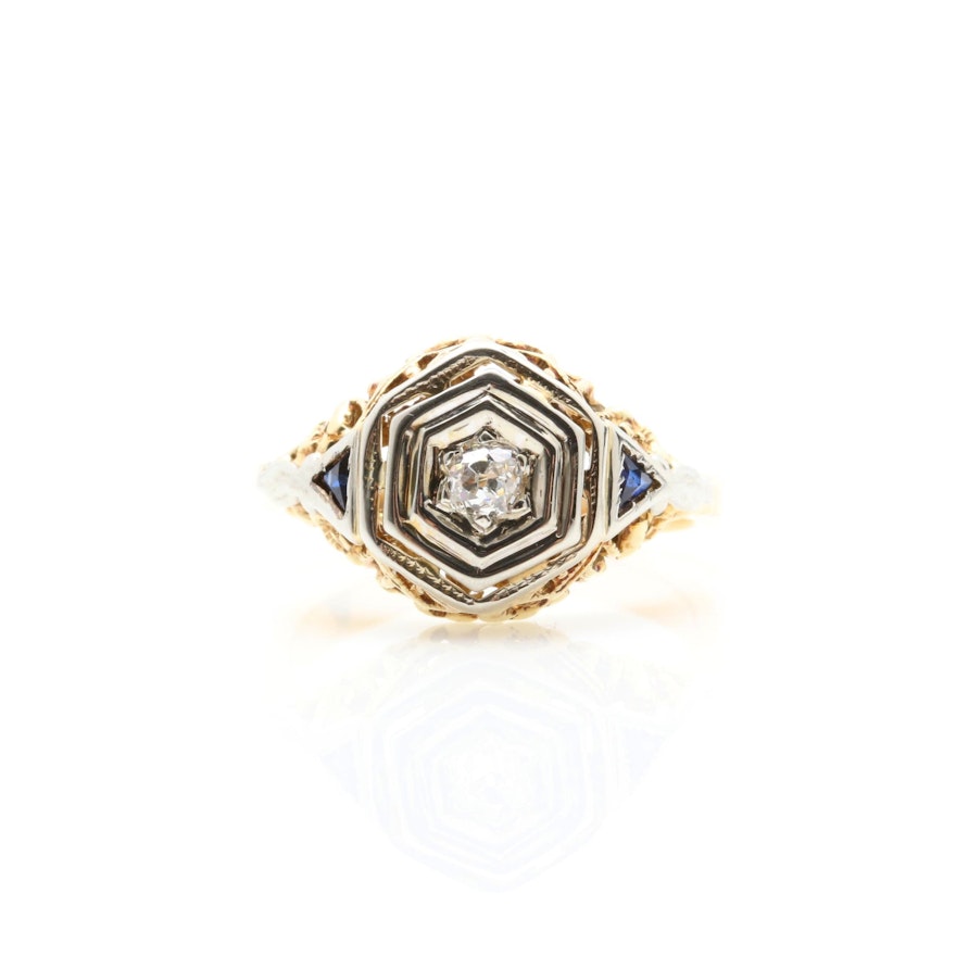 Vintage 18K Two-Tone Gold Diamond and Synthetic Blue Sapphire Ring