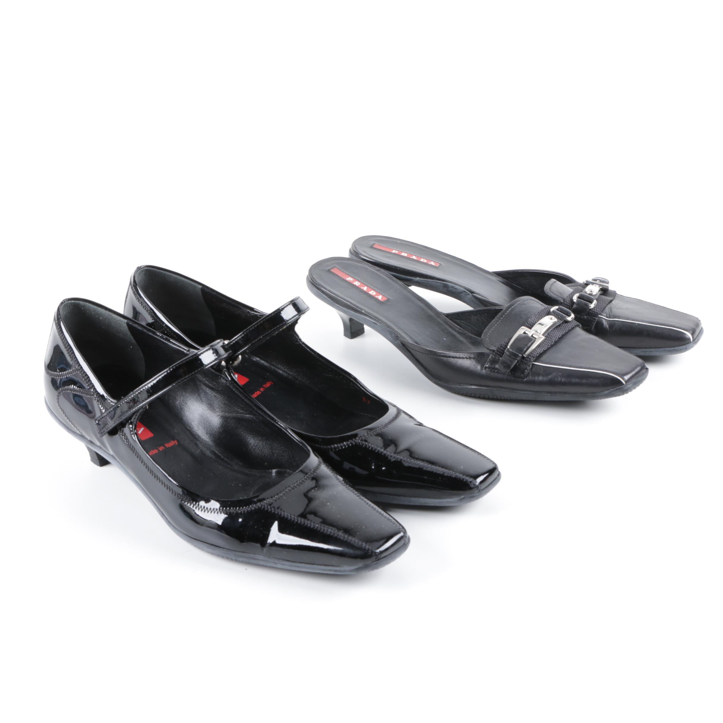 Prada Black Leather Kitten Heel Mules and Mary Janes