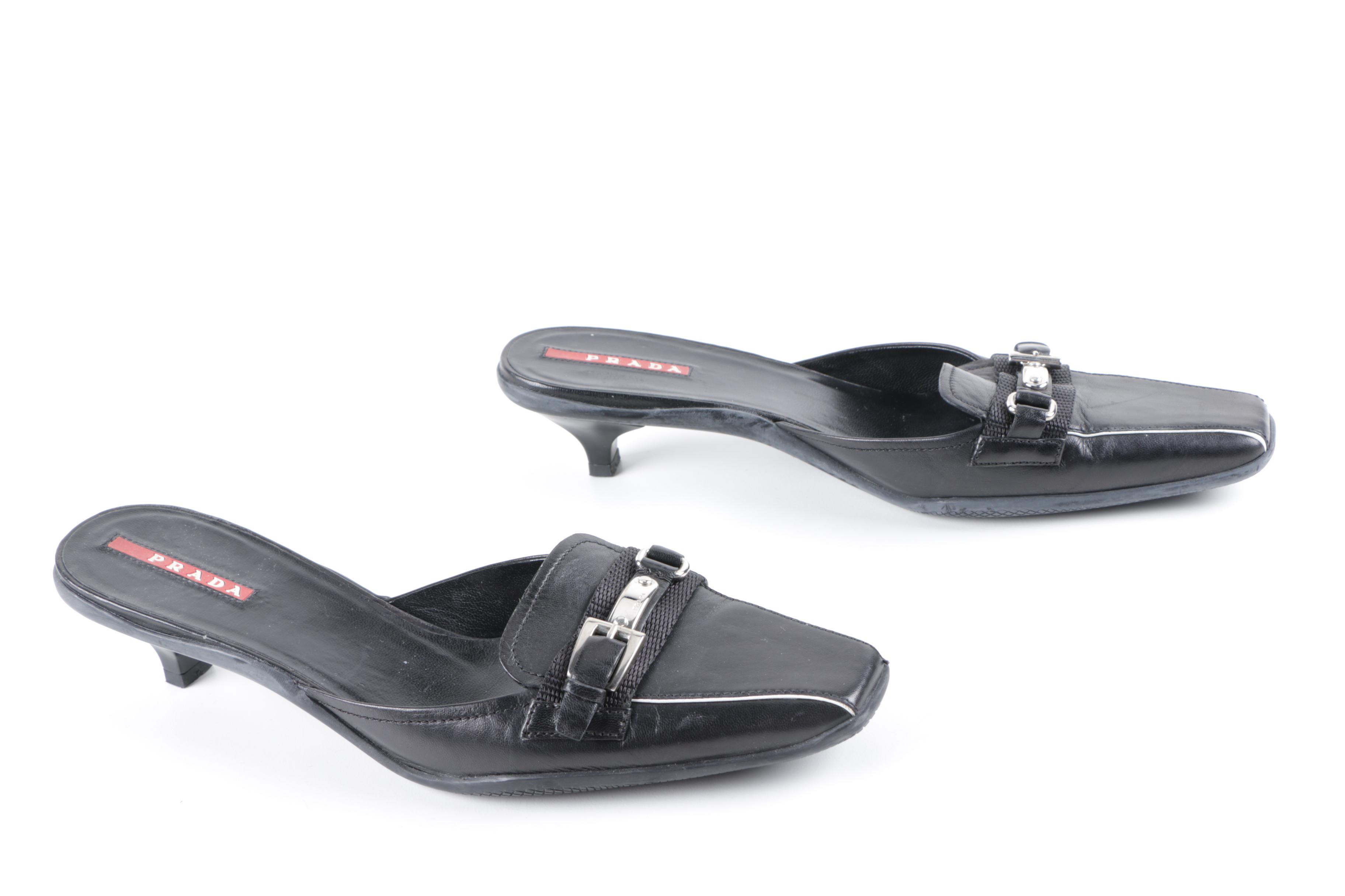 Prada Black Leather Kitten Heel Mules and Mary Janes