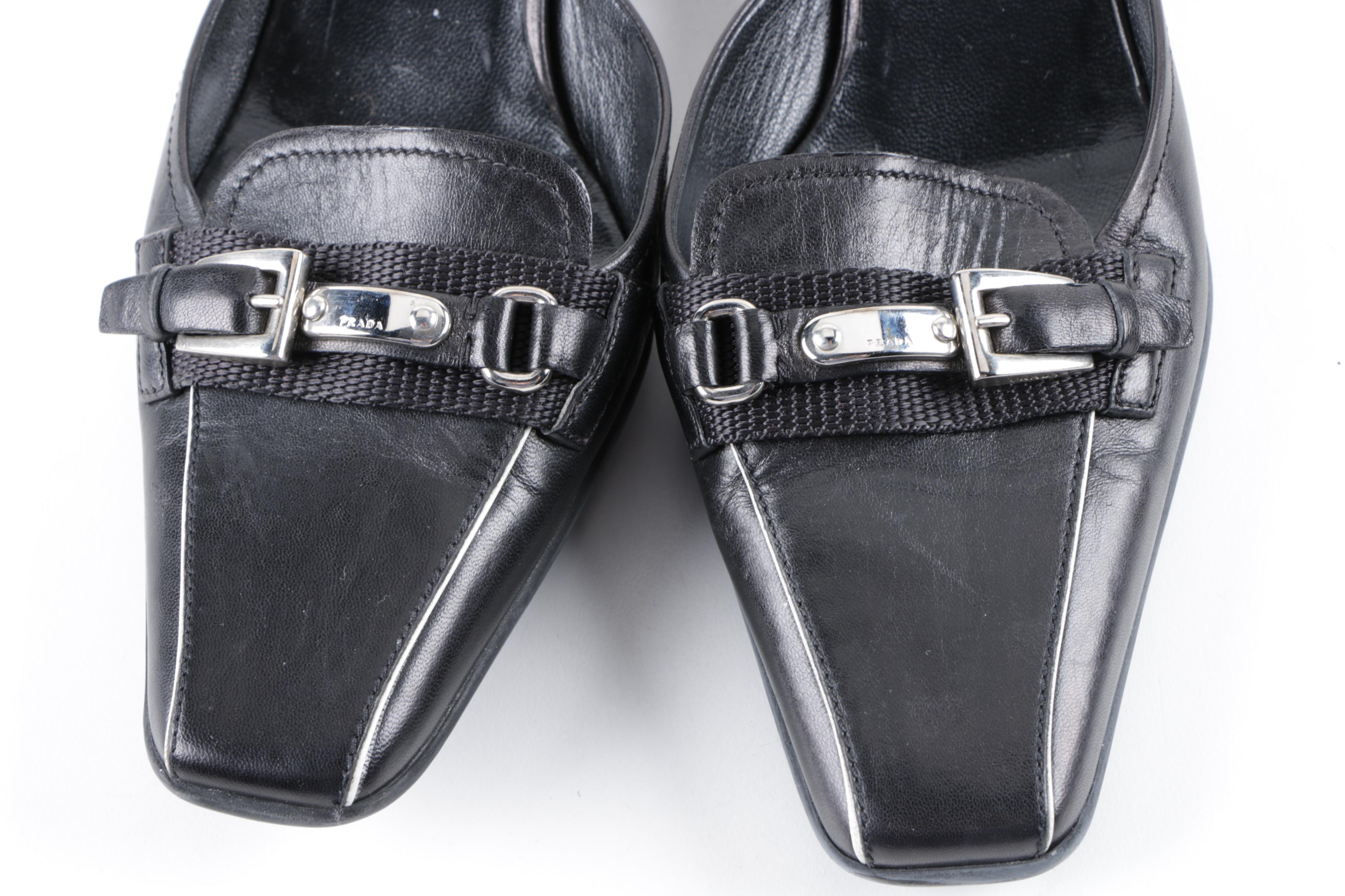 Prada Black Leather Kitten Heel Mules and Mary Janes