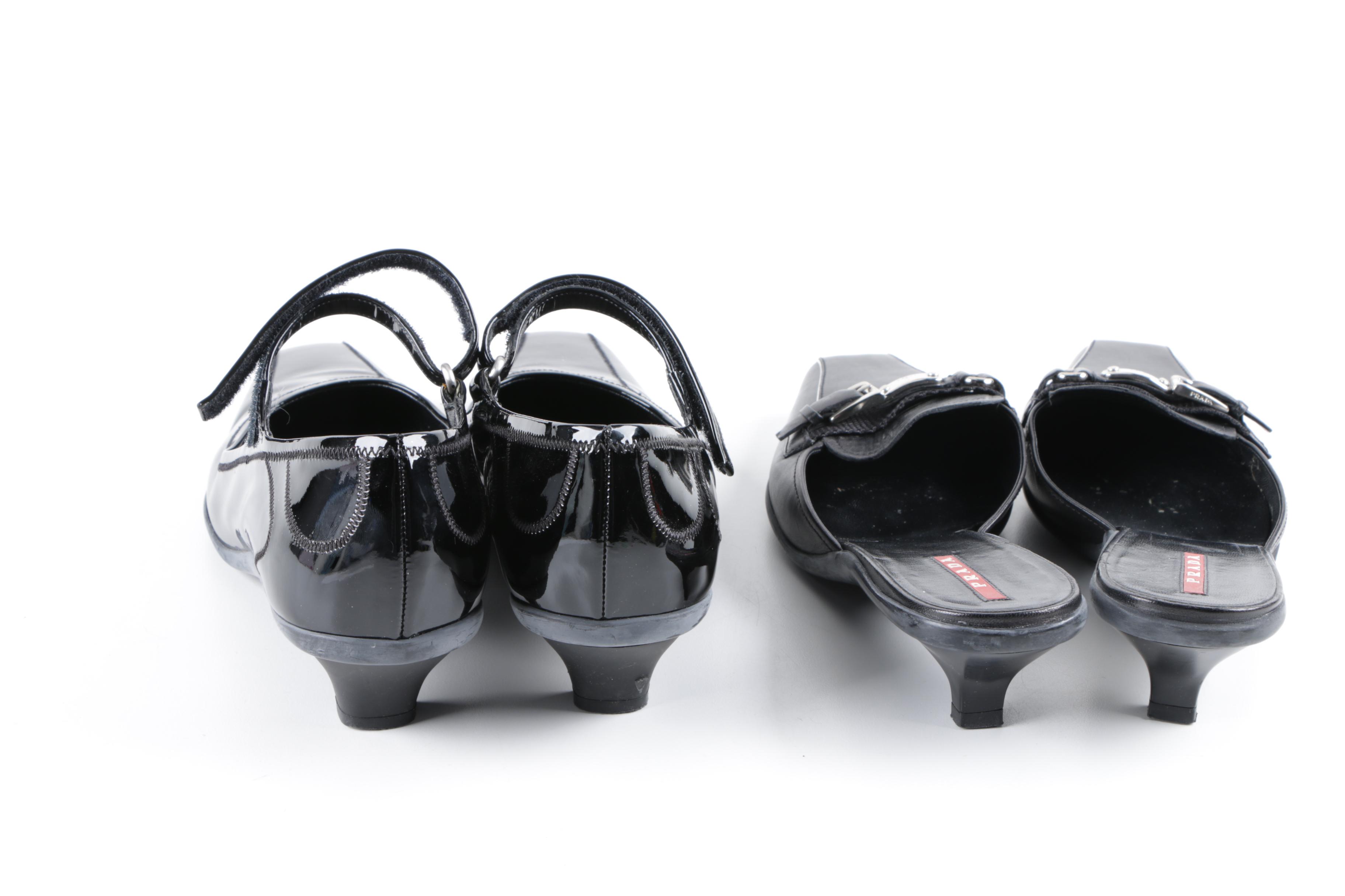 Prada Black Leather Kitten Heel Mules and Mary Janes