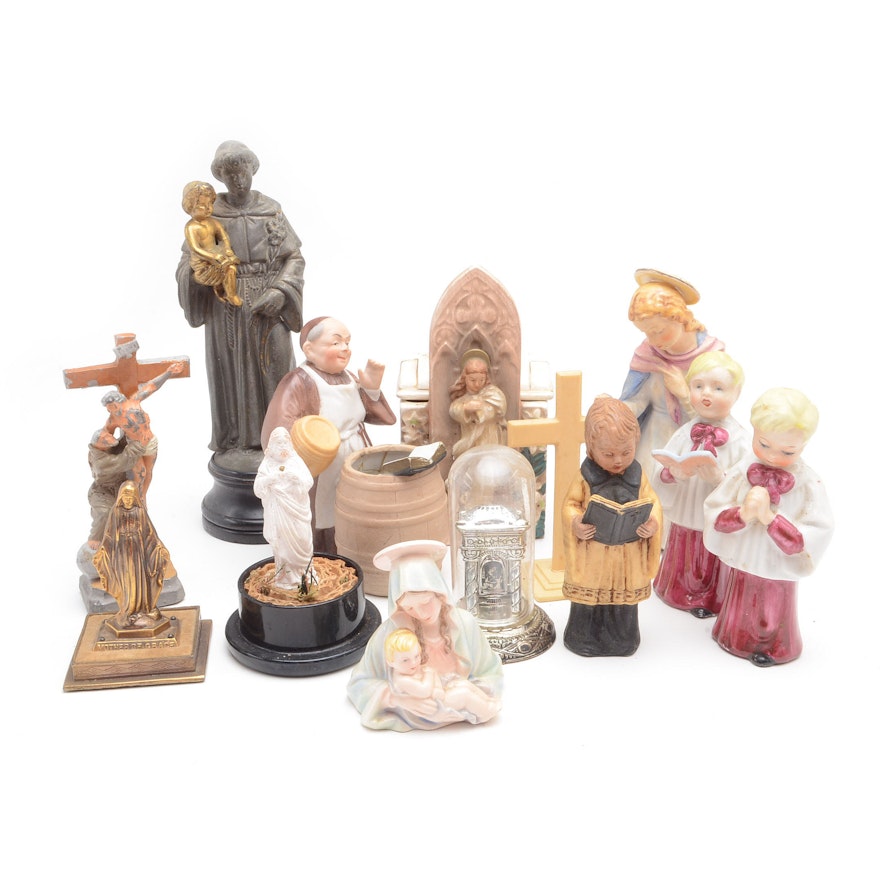 Collection of Religious Figurines, Including Vintage Hummel