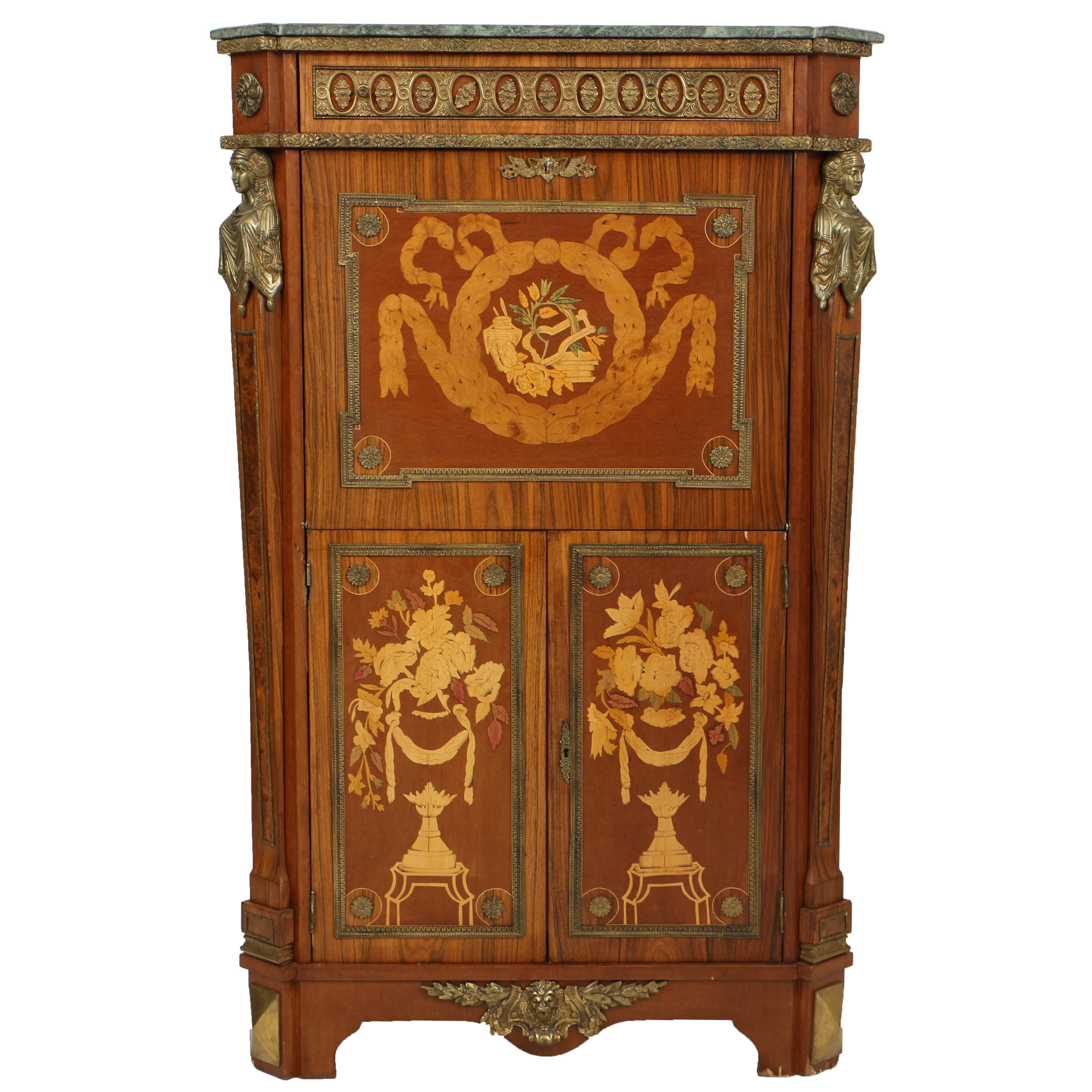 Vintage Louis XVI Style Marquetry Secrétaire à Abattant with Marble Top
