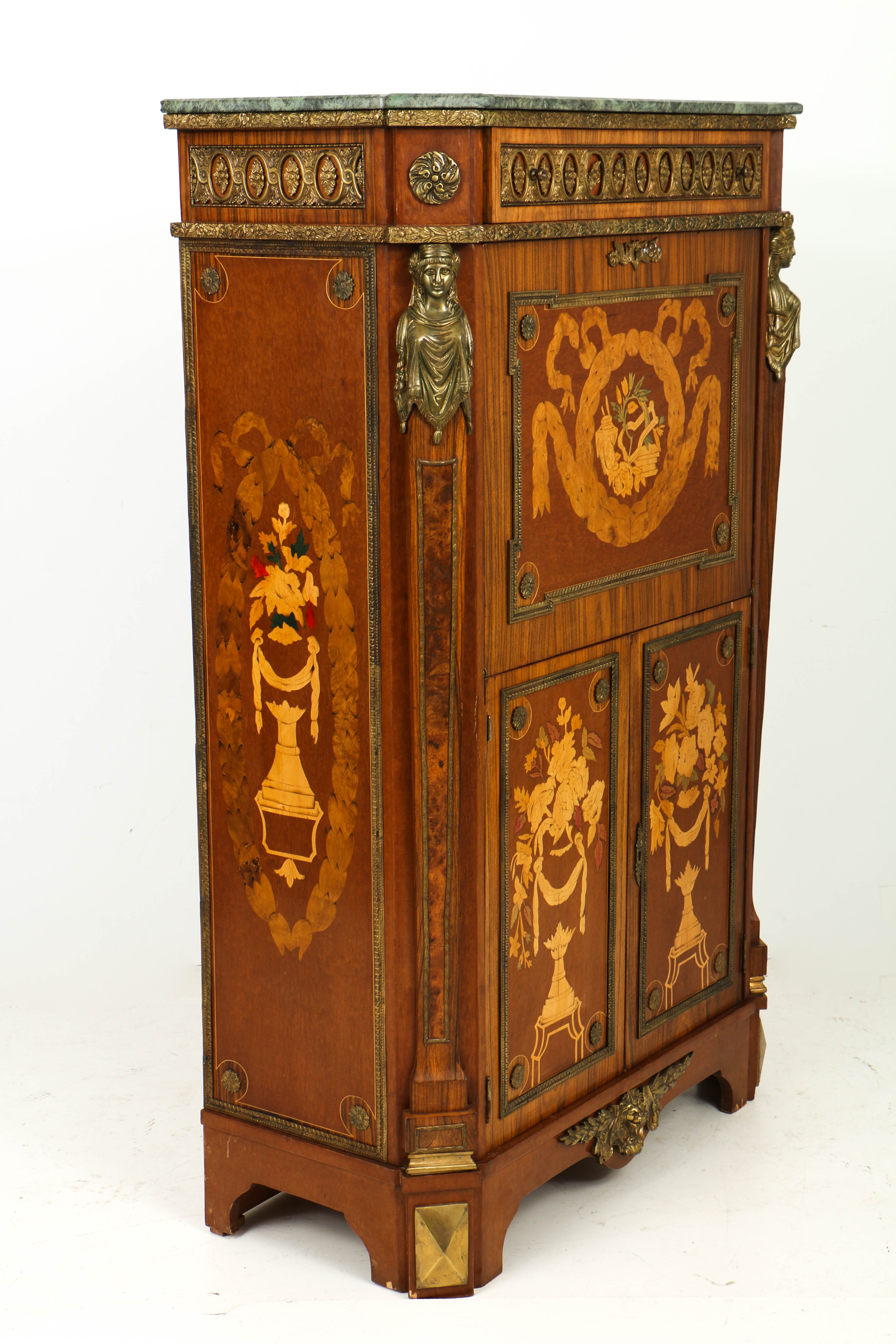 Vintage Louis XVI Style Marquetry Secrétaire à Abattant with Marble Top