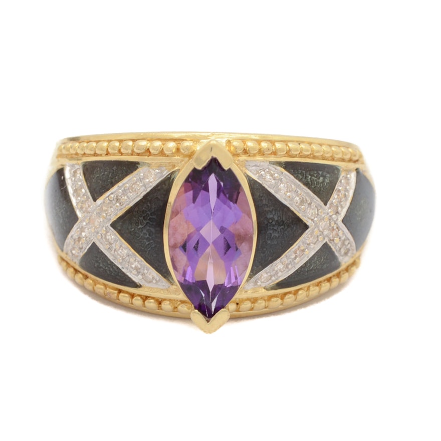 14K Yellow Gold Amethyst and Diamond Ring with Enamel Accents