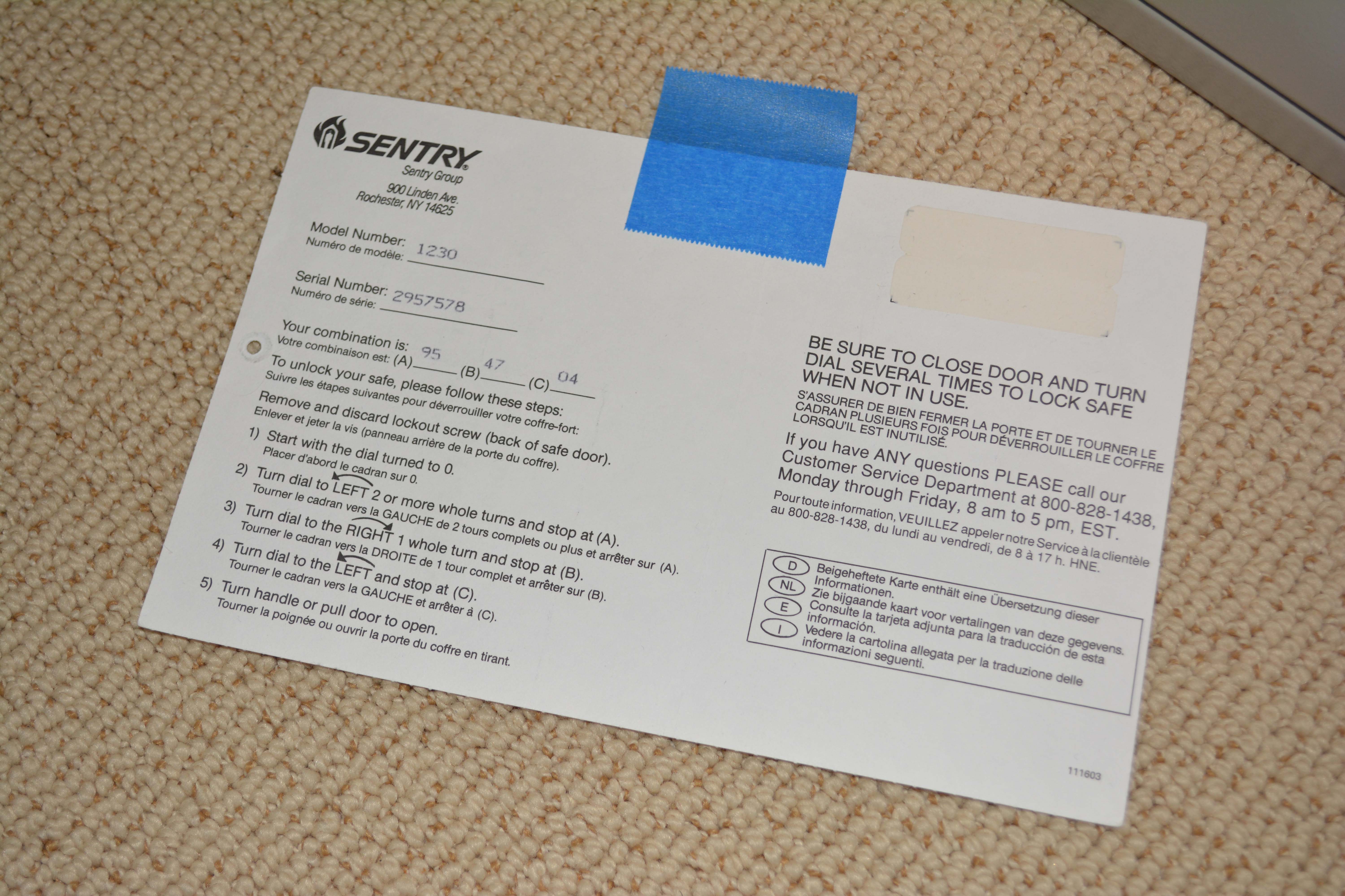 Sentry 1230 Combination Safe