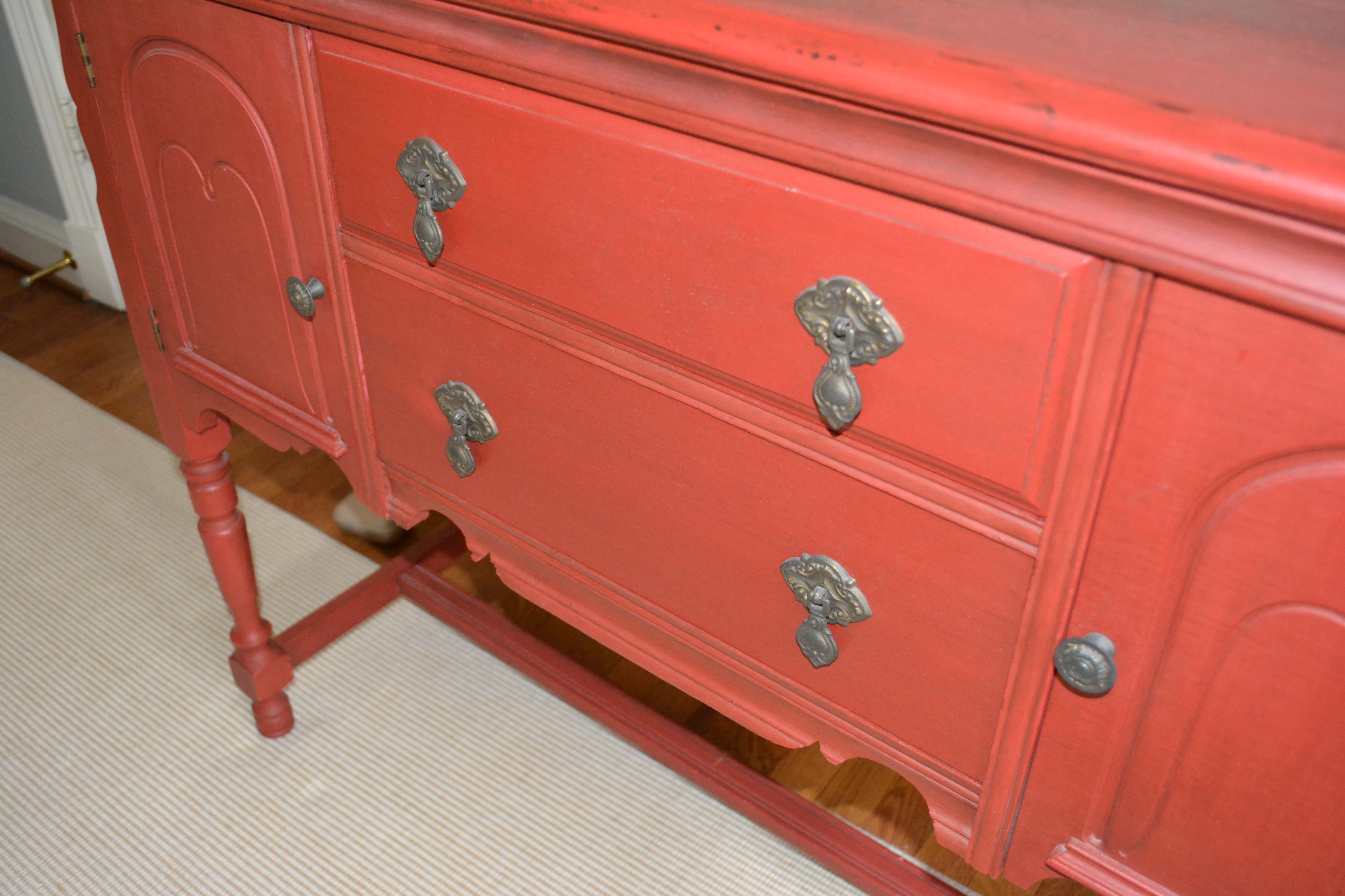 Vintage Red Painted Wood Sideboard